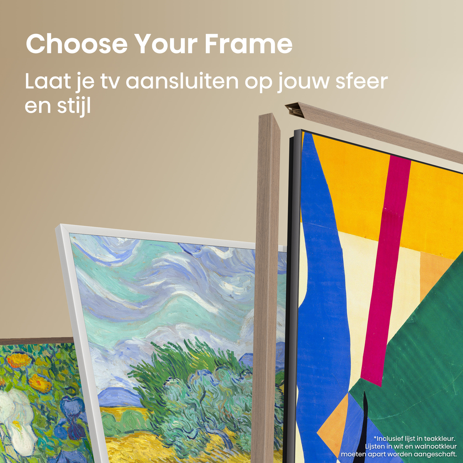 Various TV frames with artwork. One frame is wood, another is white.