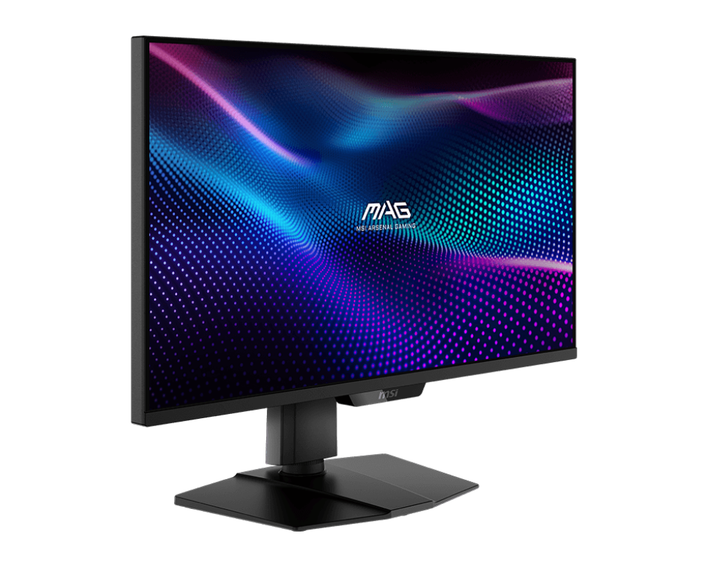 Ein schwarzer Gaming-Monitor mit einem abstrakten, bunten Muster auf dem Bildschirm.
