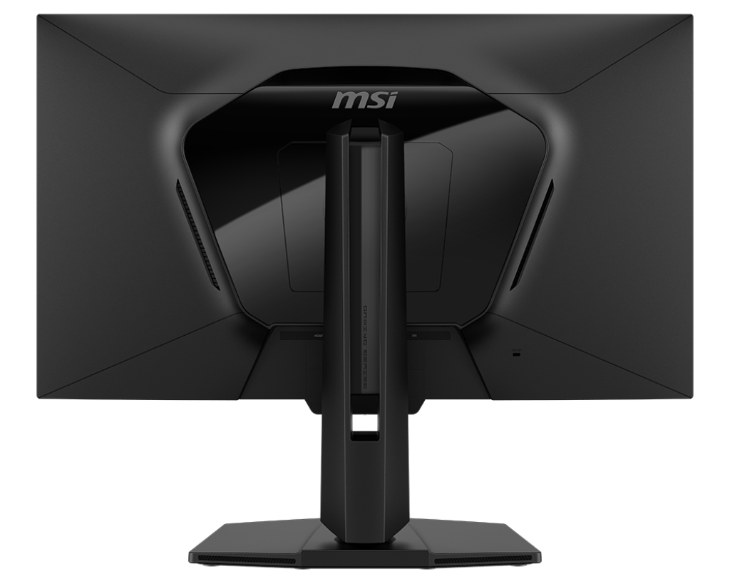 Rückseite eines schwarzen Monitors mit MSI-Logo und Ständer.