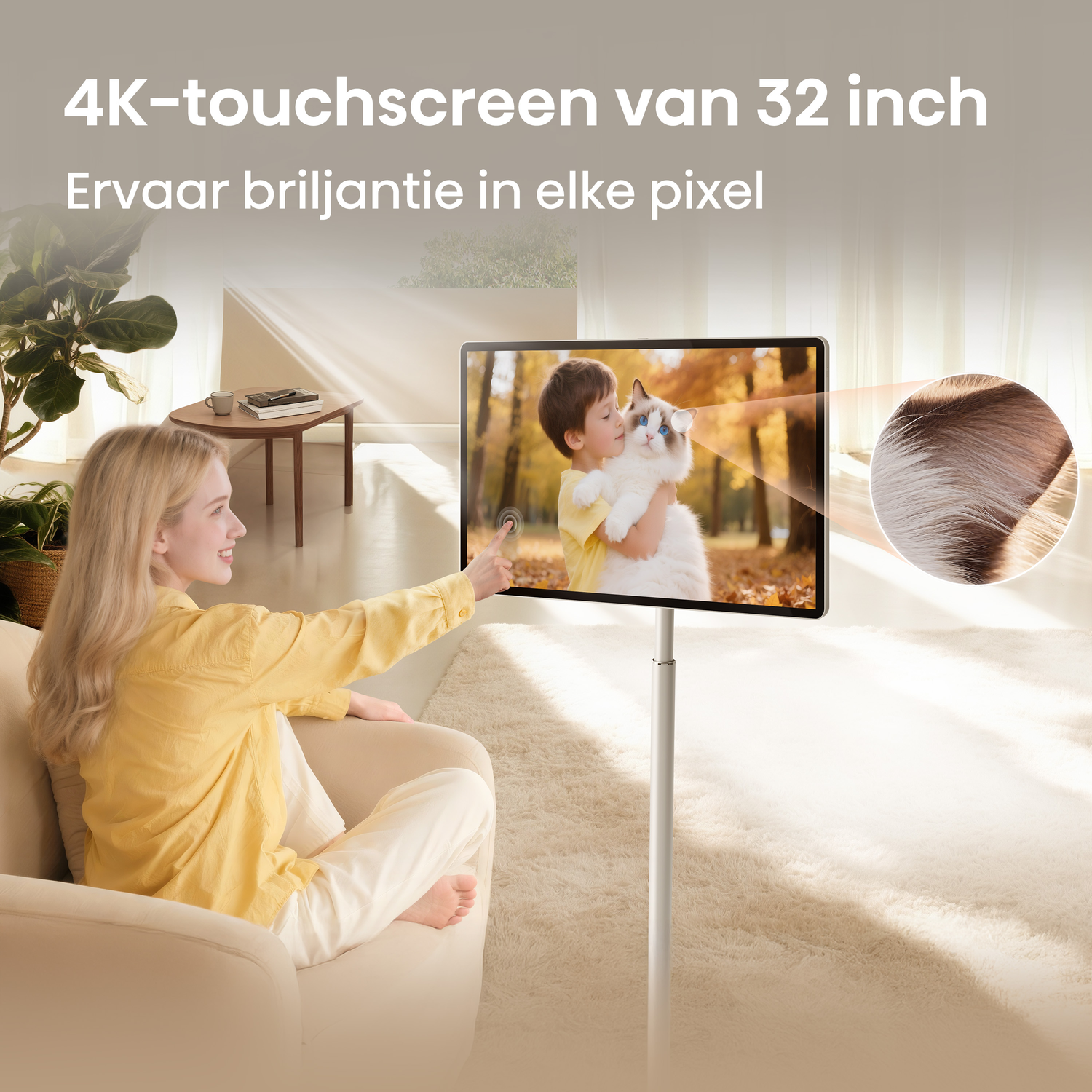 A woman touches a 32-inch 4K touchscreen displaying a boy holding a cat.