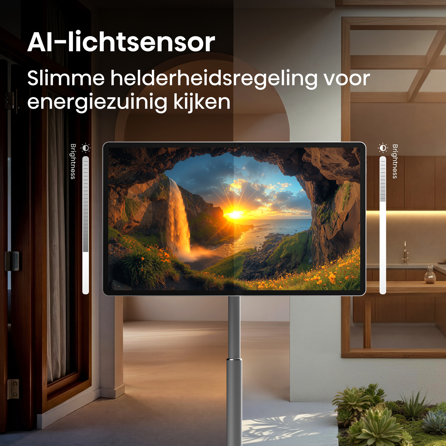 A TV displays a sunny landscape. Brightness sliders are visible.