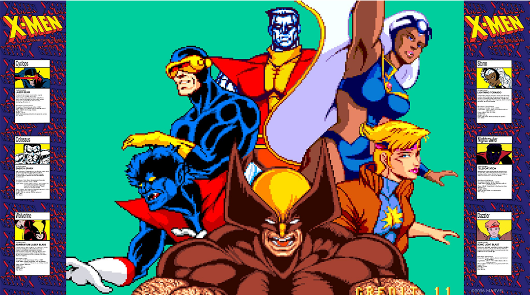 X-Men Charaktere: Wolverine, Cyclops, Storm, Colossus, Nightcrawler, Dazzler.