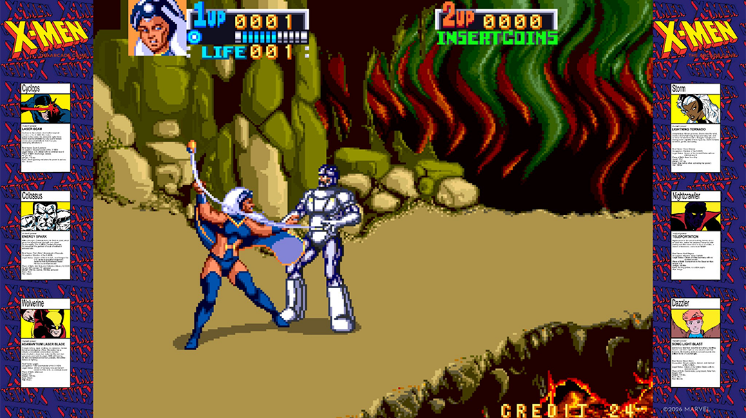 X-Men Arcade Spiel: Storm kämpft gegen einen silbernen Gegner in felsiger Landschaft.