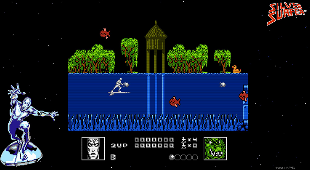 Silver Surfer surft auf einem blauen Gewässer, umgeben von Bäumen und Fischen.