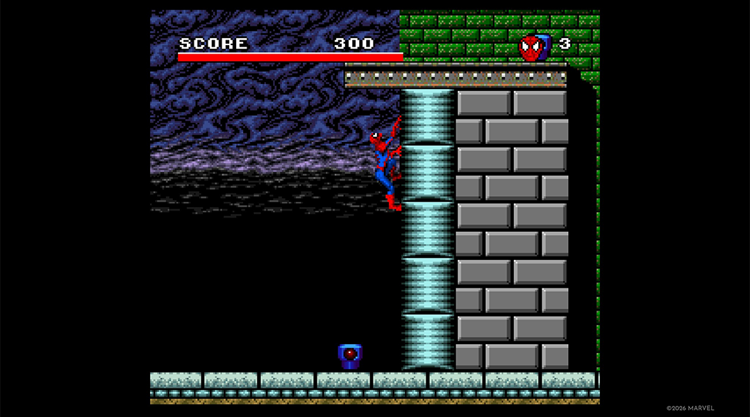 Spider-Man klettert an einer Wand, im Hintergrund eine dunkle, stürmische Landschaft.