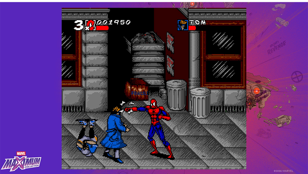 Spider-Man kämpft gegen einen Gegner in einer Gasse. Ein anderer Gegner liegt am Boden.