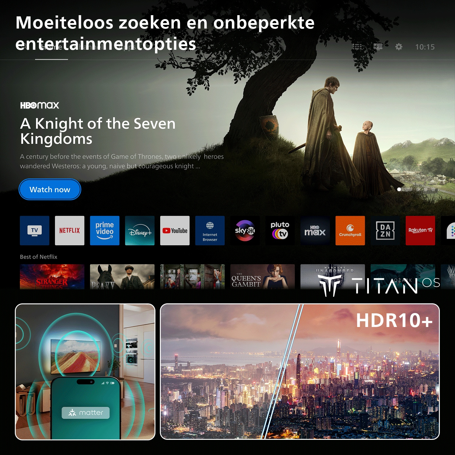 Page d'accueil avec HBO Max, Netflix, Prime Video, Disney+, YouTube, Sky, Pluto TV, Crunchyroll, DAZN, Rakuten TV.