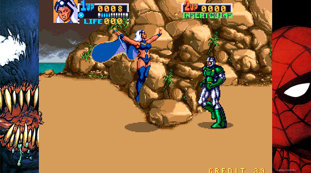 Storm steht Doom am Sandstrand mit felsigen Klippen gegenüber. Venom und Spider-Man flankieren die Szene.