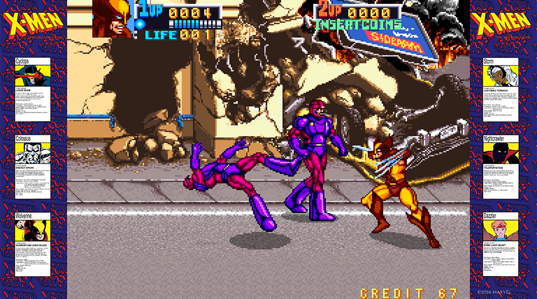 X-Men Arcade-Spiel: Wolverine kämpft gegen zwei Sentinels. Ein Sentinel liegt am Boden.