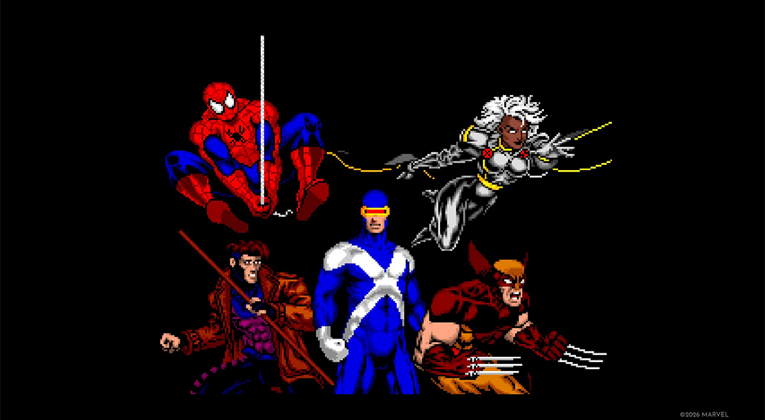 Pixel-Art: Spider-Man, Gambit, Cyclops, Storm und Wolverine posieren.