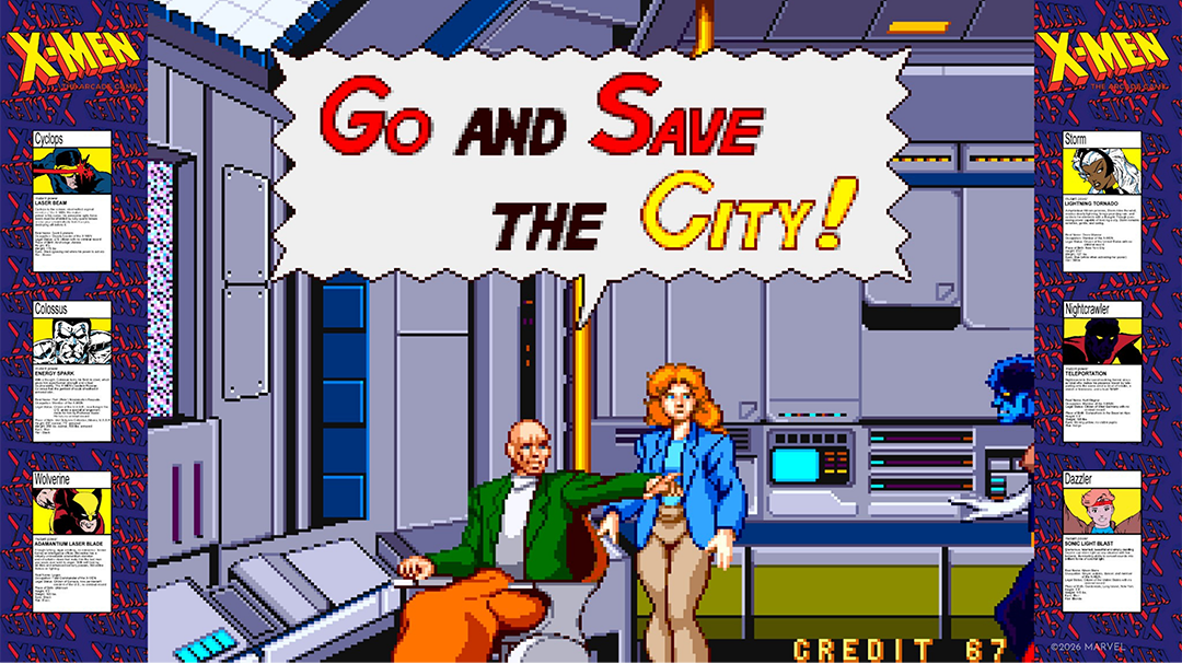 X-Men Arcade Spiel: Charles Xavier und eine Frau blicken auf den Bildschirm. Text: Gehe und rette die Stadt!