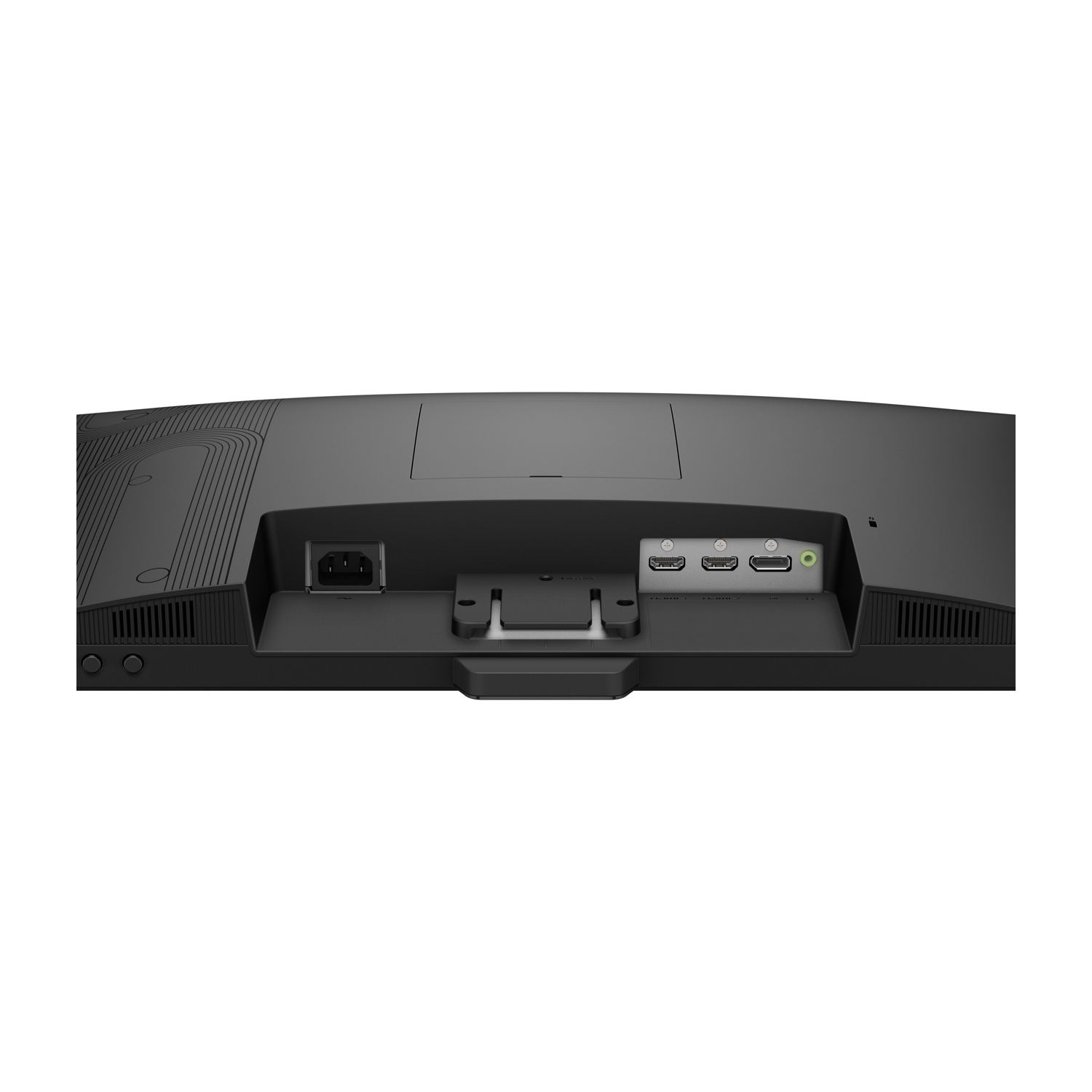 Retro di un monitor nero con porte: alimentazione, 2x HDMI, uscita audio.