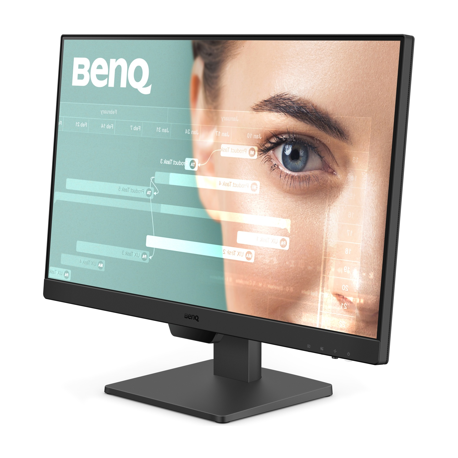 Il monitor BenQ mostra l'occhio blu di una donna con grafiche sovrapposte.