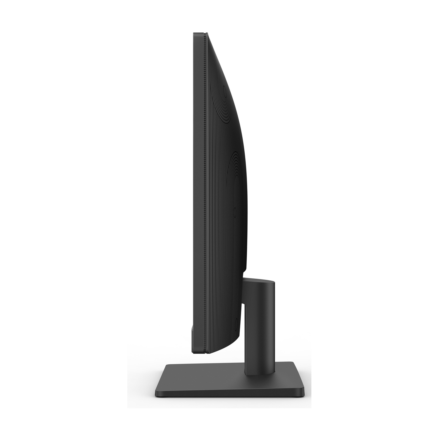 Monitor nero visto di lato, con scanalature verticali sul retro e base rettangolare.