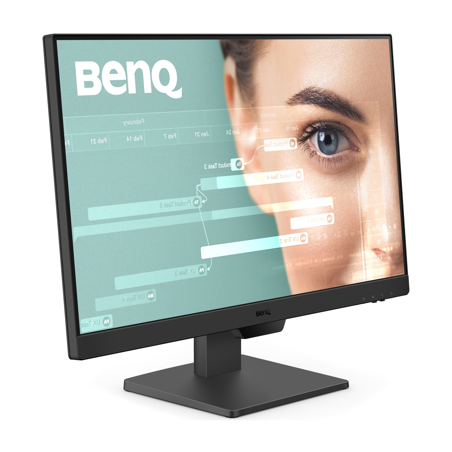 Un monitor BenQ mostra un primo piano di un occhio blu e un'interfaccia grafica.