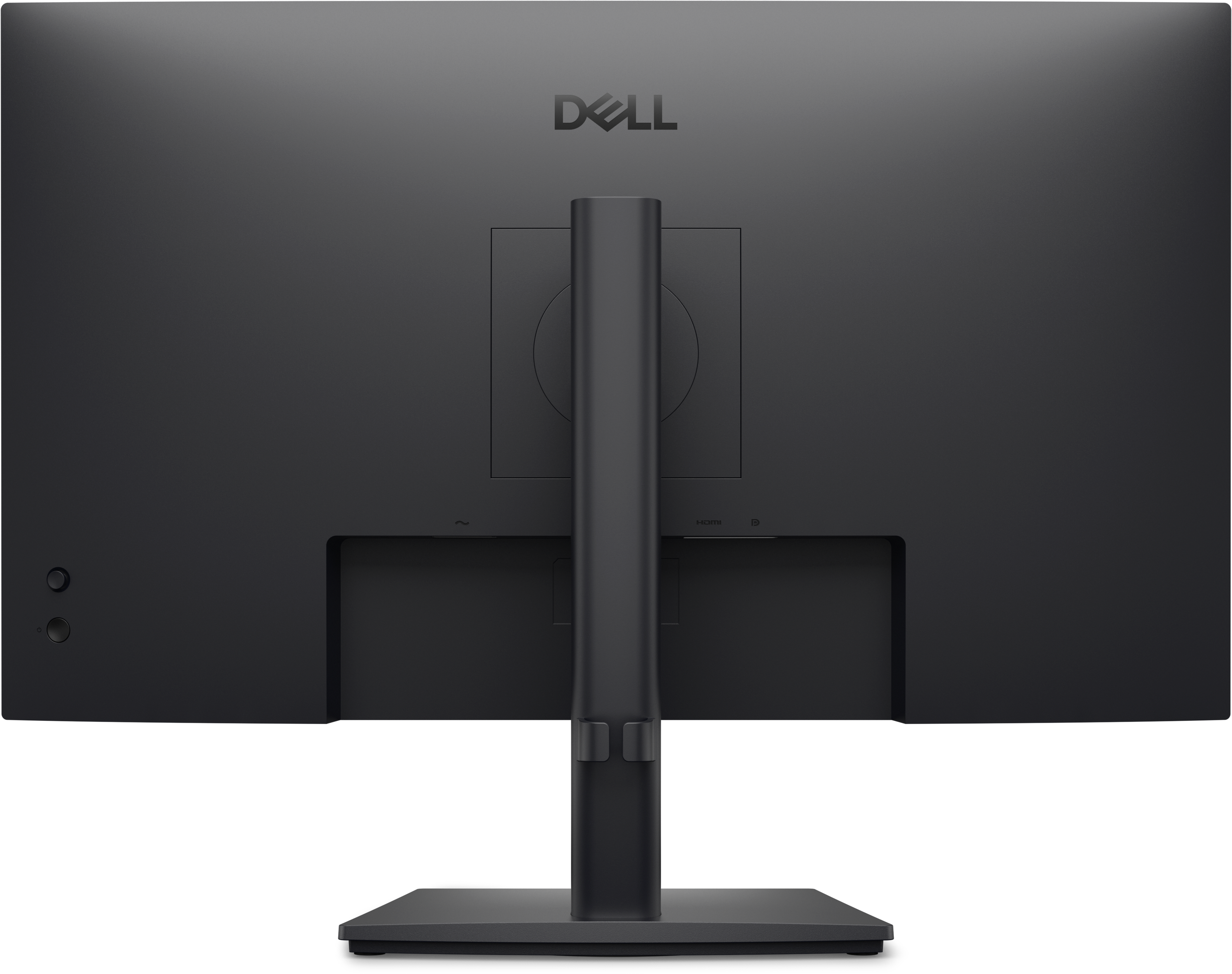 Rückseite eines schwarzen Dell Monitors mit HDMI-Anschluss und Standfuß.