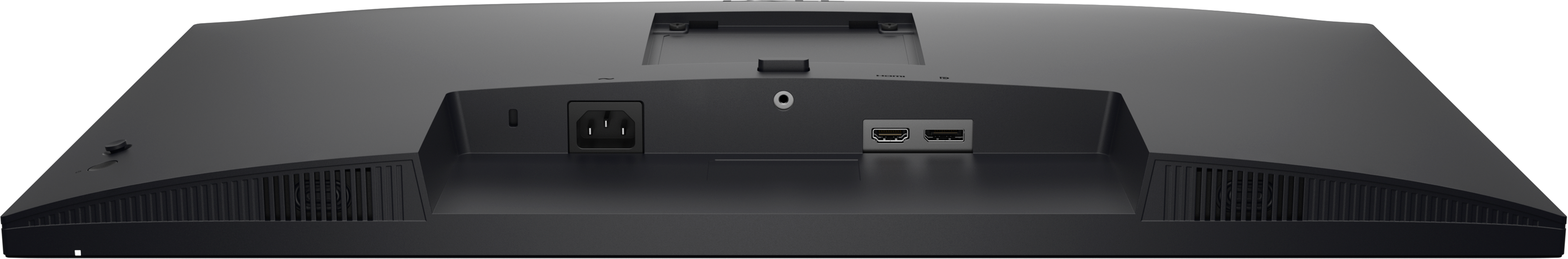 Rückseite eines schwarzen Monitors mit Anschlüssen: Strom, Audio, HDMI und USB.