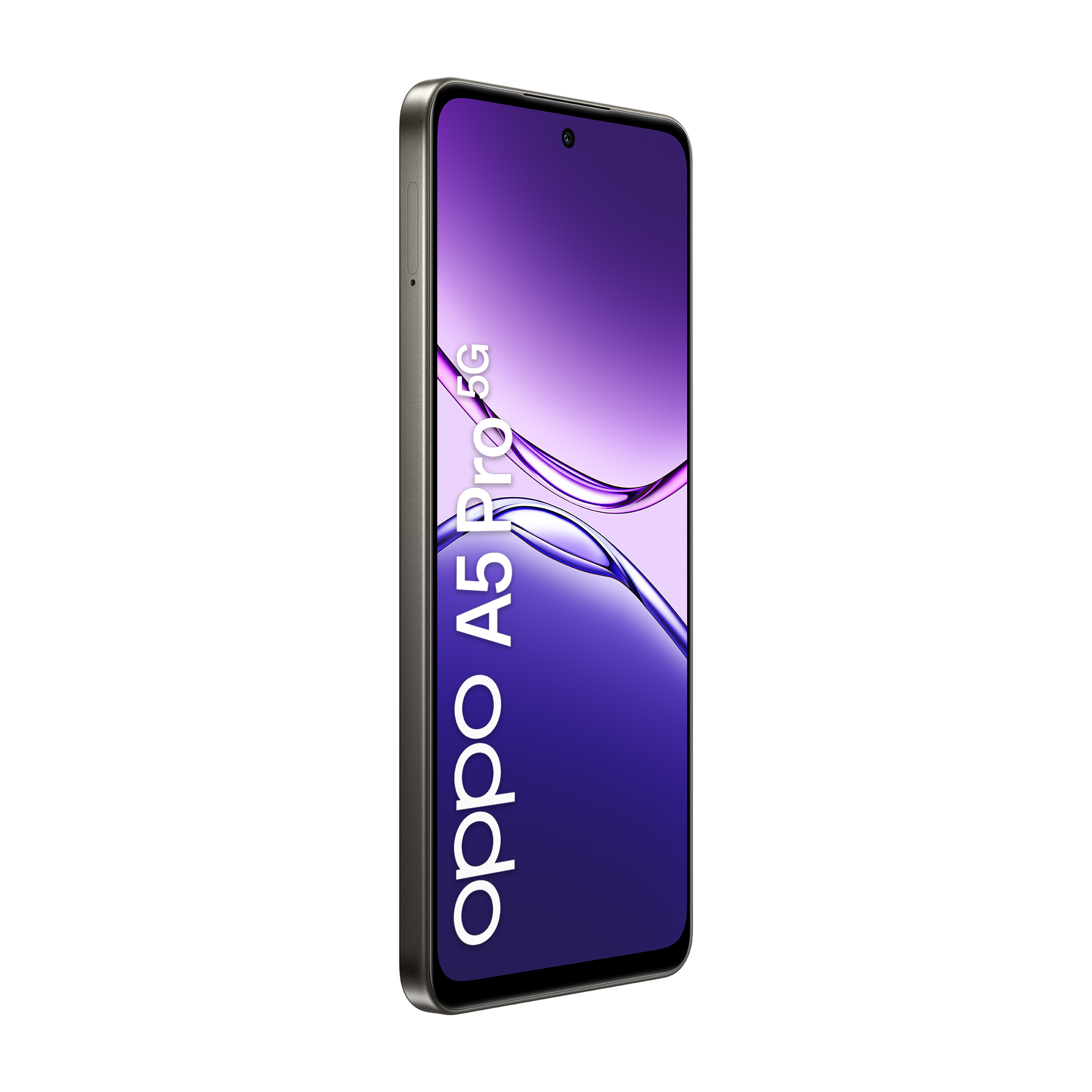 Szary smartfon Oppo A5 Pro 5G z fioletowym tłem na ekranie.