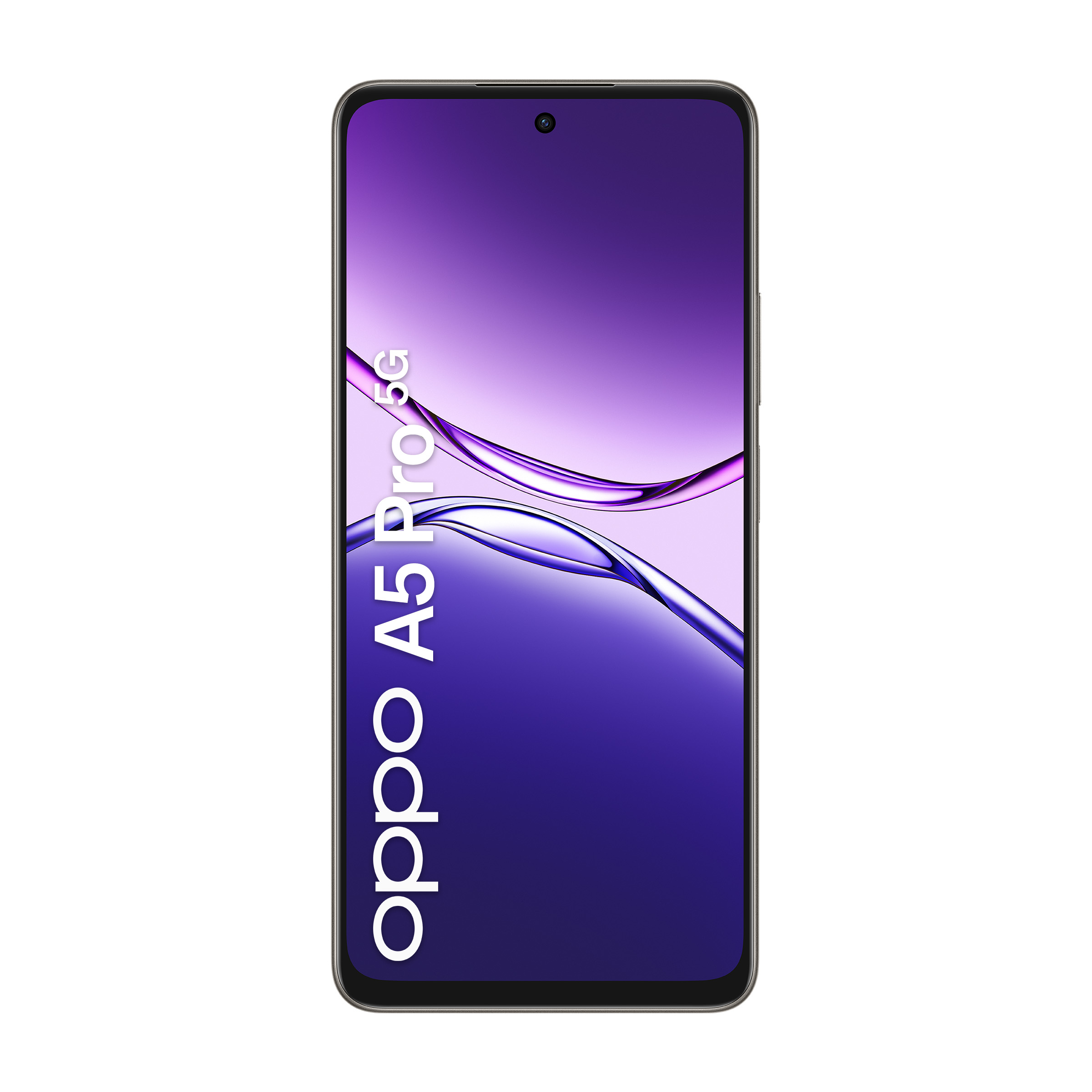 Czarny smartfon z fioletowym tłem i napisem.