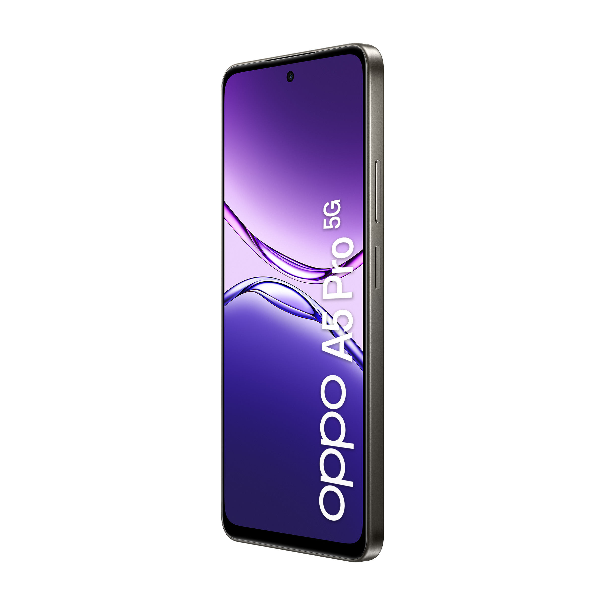 Szary smartfon Oppo A5 Pro 5G z fioletowym tłem.