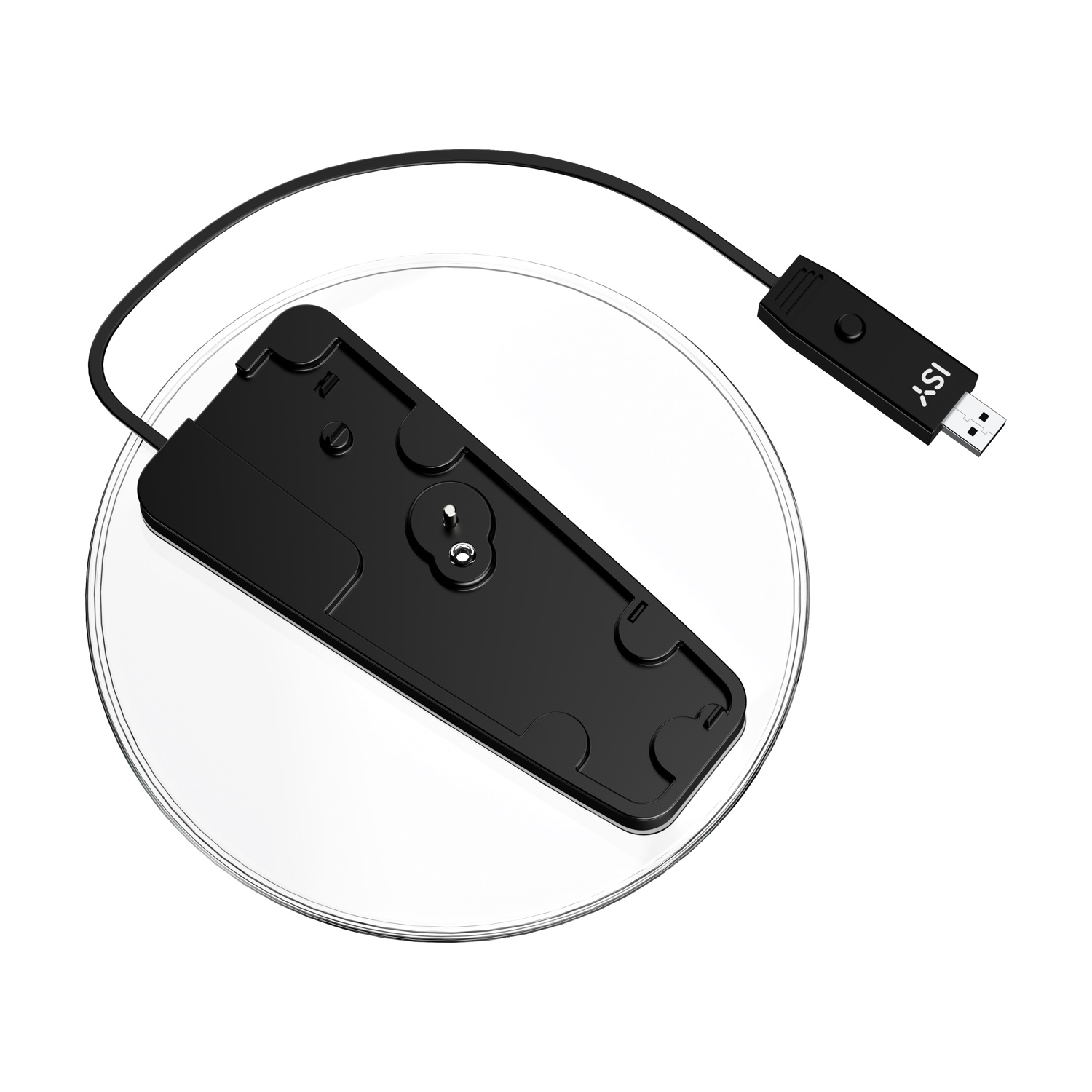 Dispositivo tecnico nero con connettore USB su piatto di vetro rotondo.