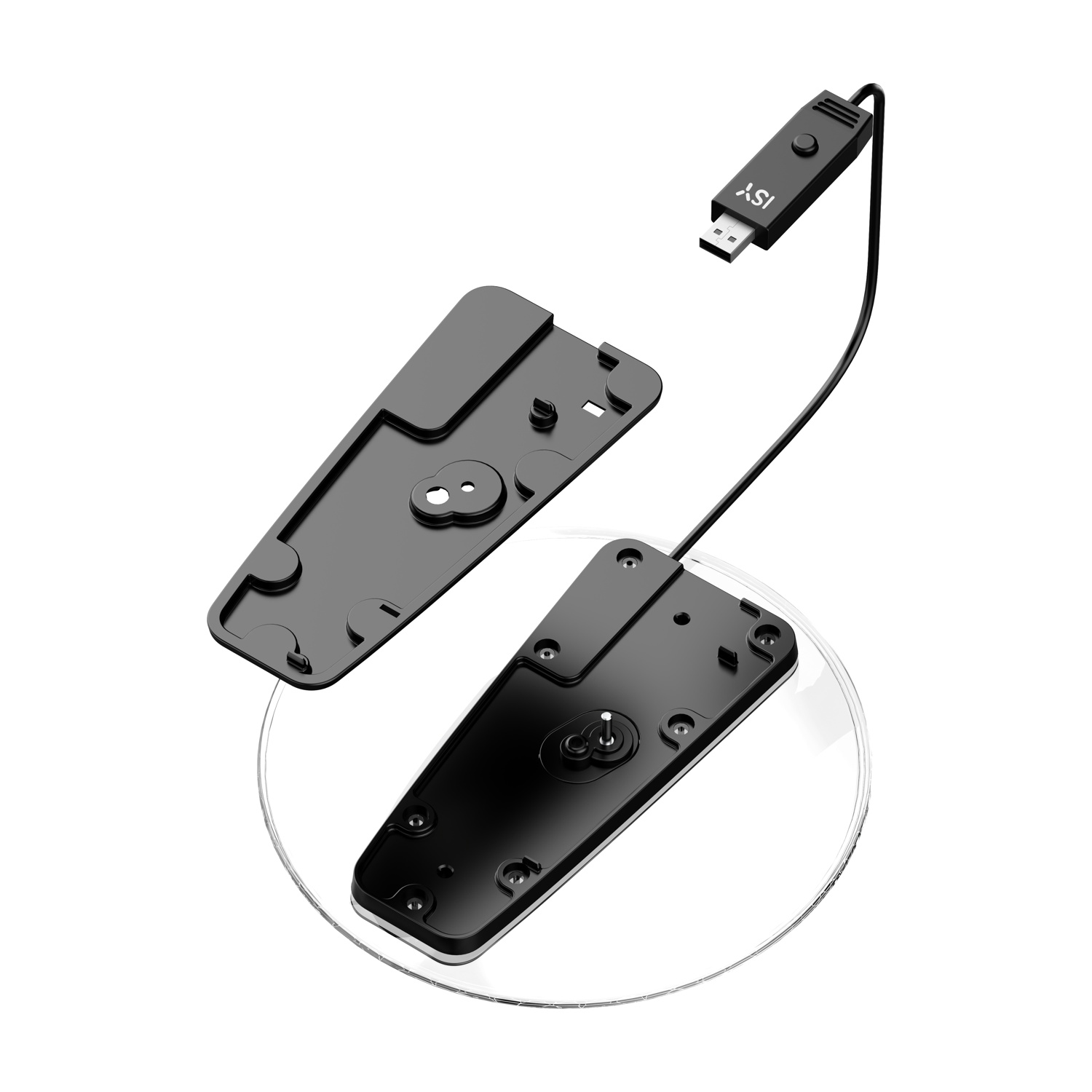 Un dongle USB ISY nero con cavo e due parti di cassa nere.