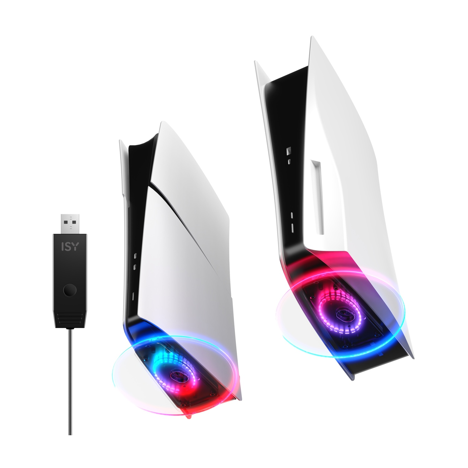 Due console bianche con ventola RGB illuminata e adattatore USB.