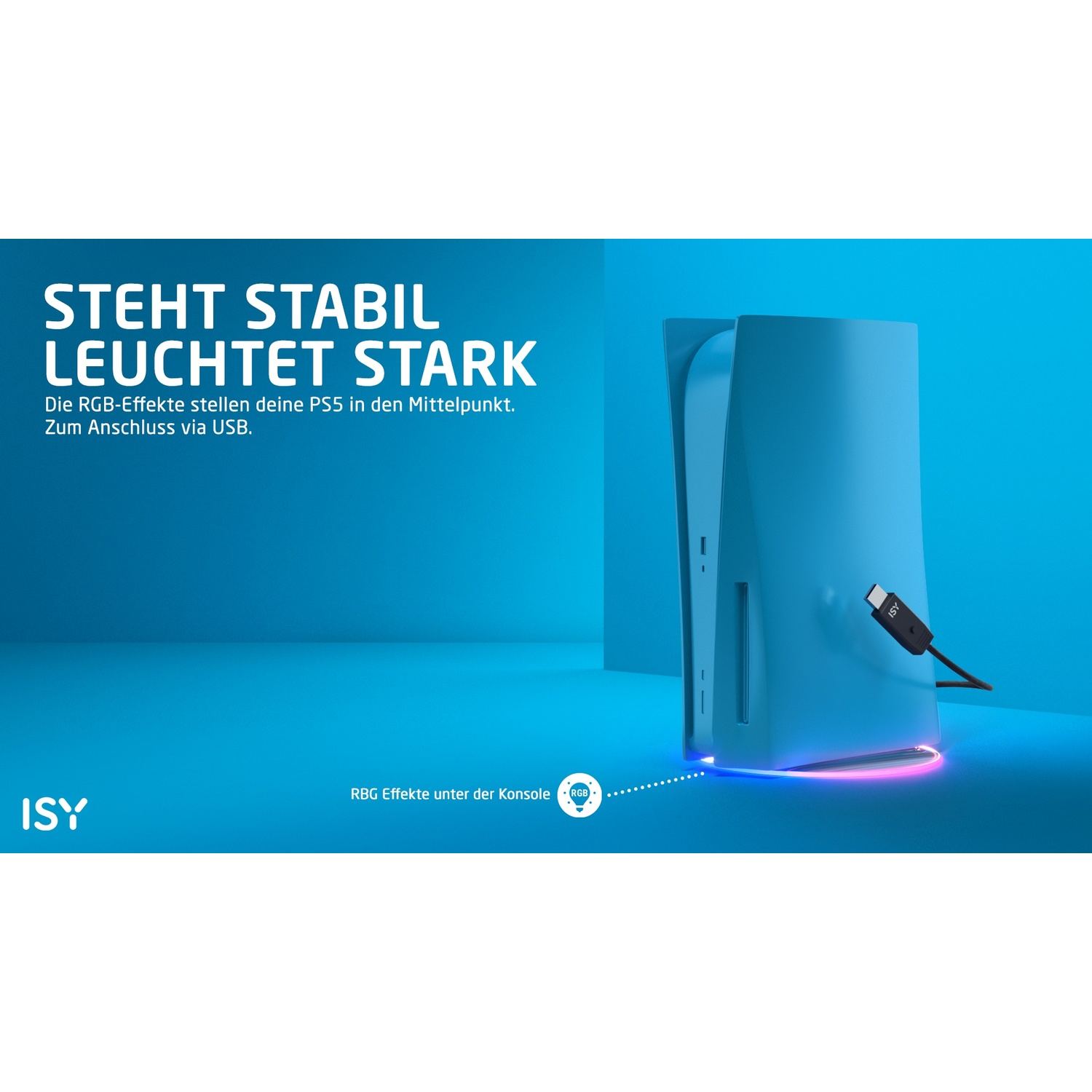 Supporto blu per console con illuminazione RGB e connessione USB.