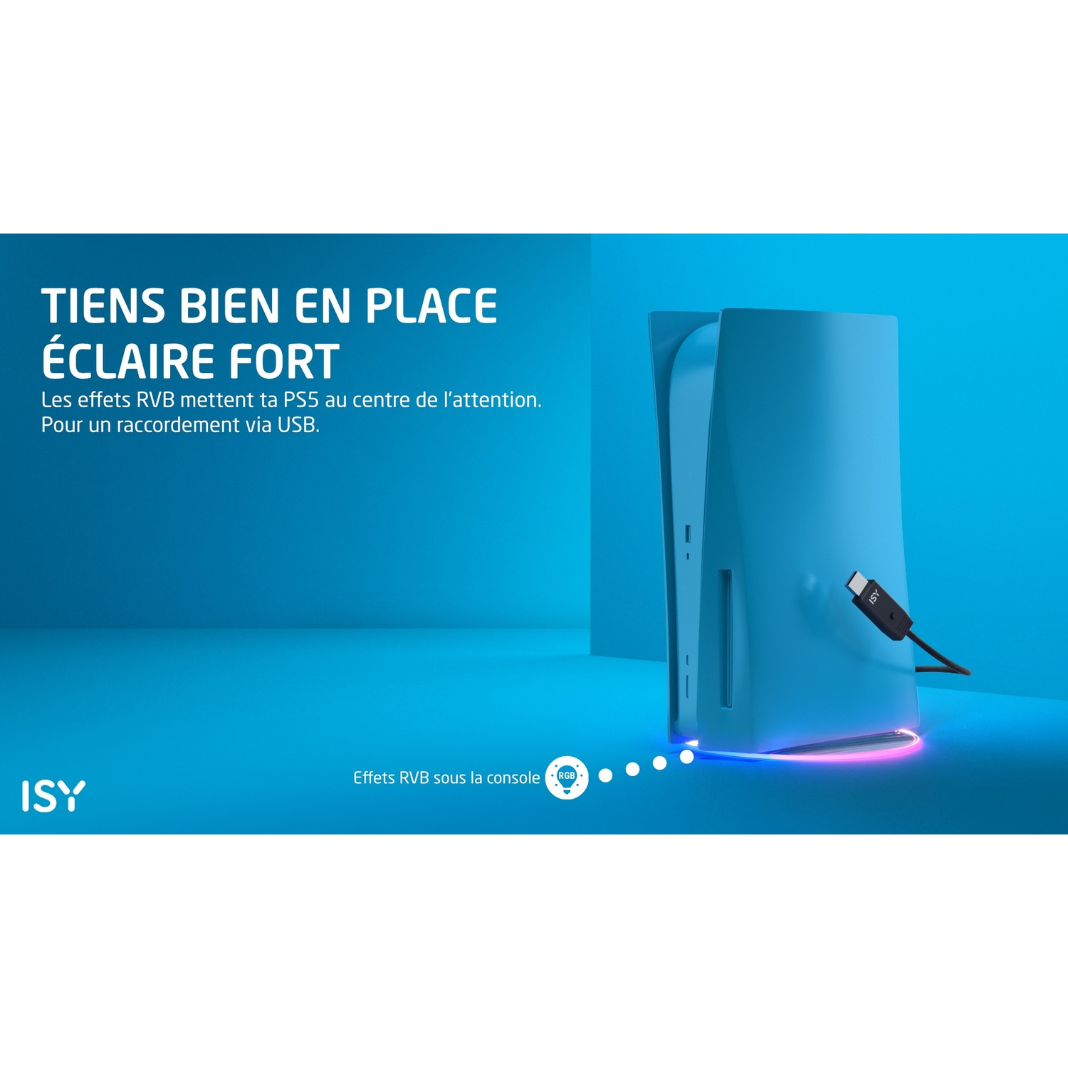Console PS5 blu con cavo USB-C ed effetti di illuminazione RGB alla base.