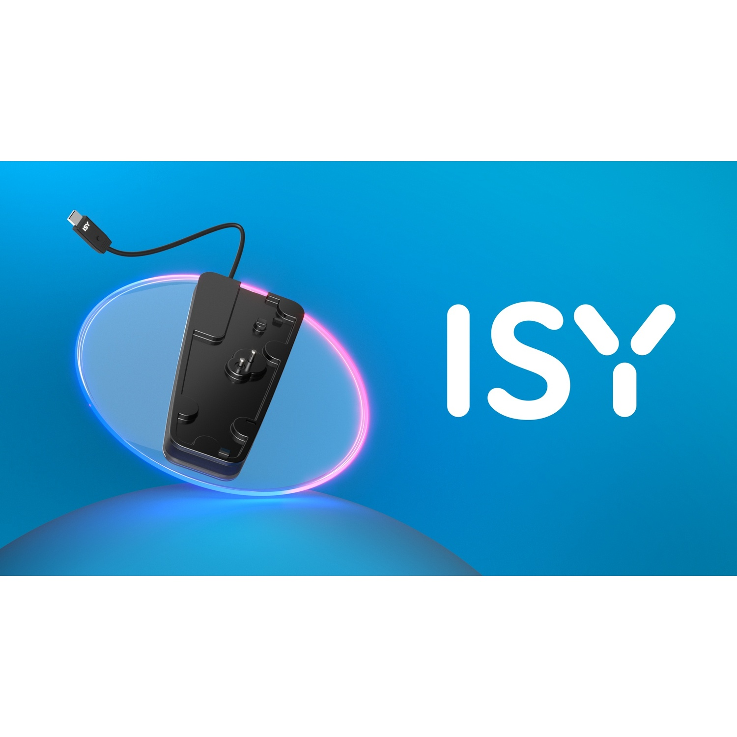 Controller nero con cavo USB-C su sfondo blu con logo ISY.