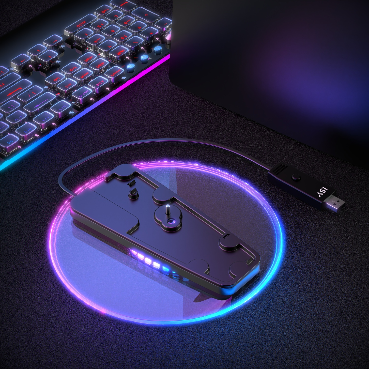 Dispositivo da gioco nero con illuminazione RGB accanto a una tastiera.