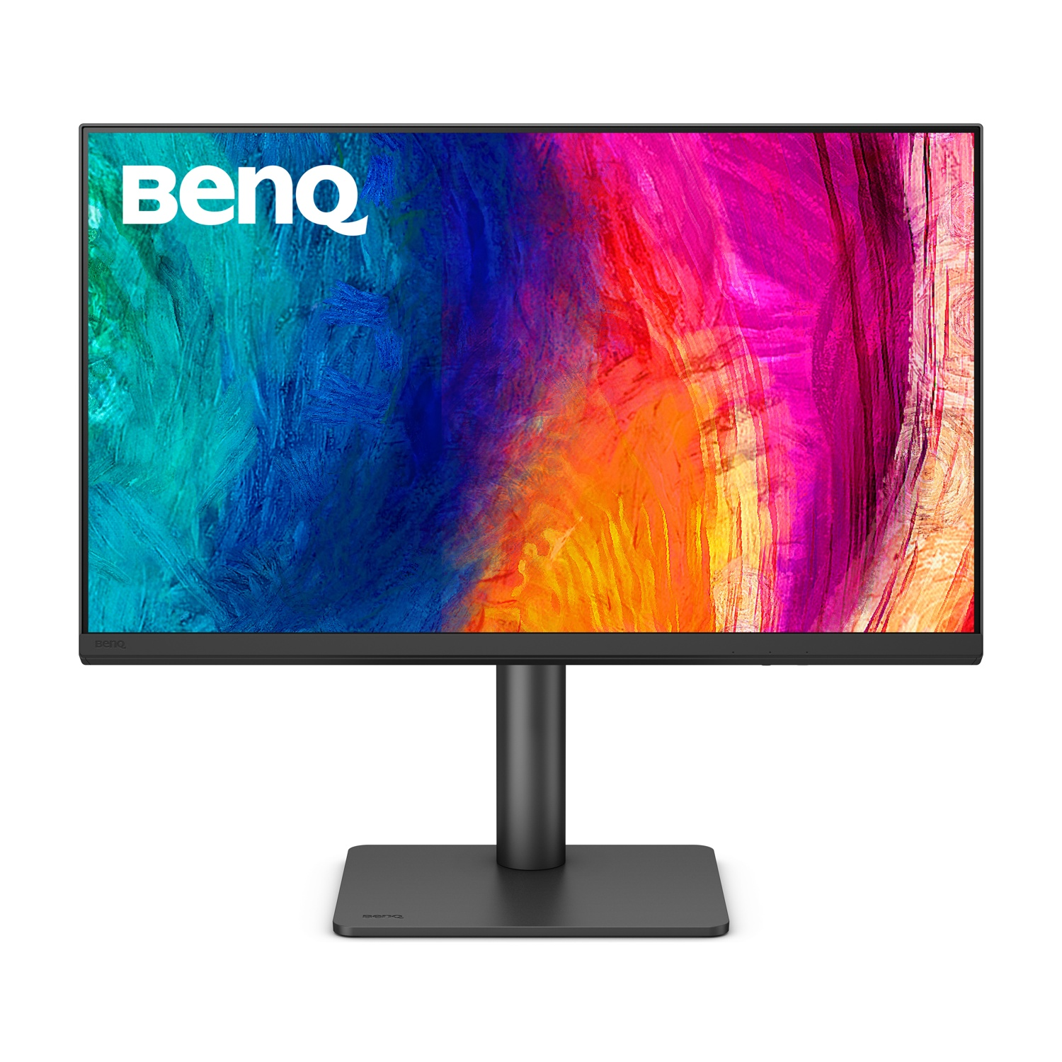 Un monitor BenQ con sfondo astratto colorato su un supporto scuro.