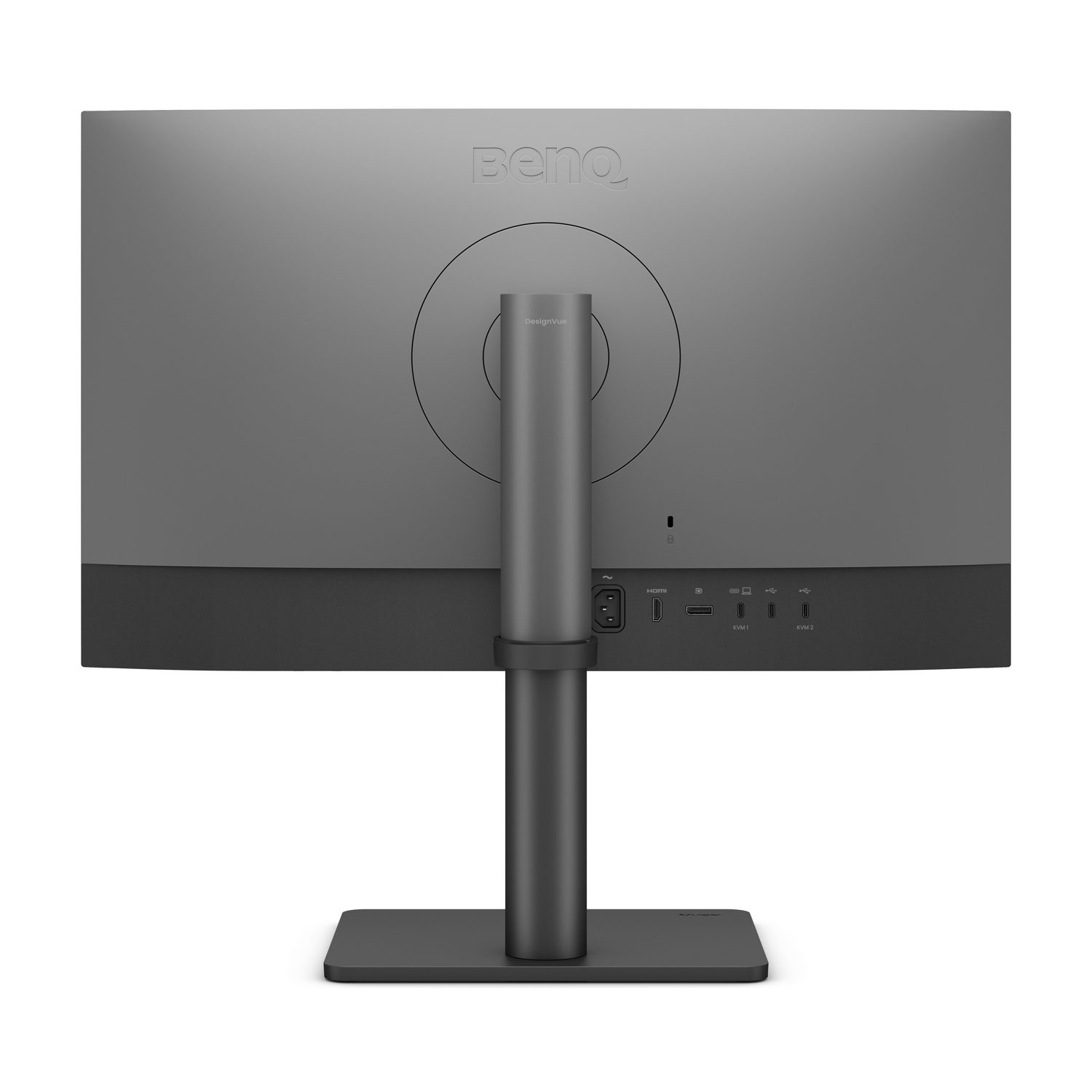 Retro di un monitor grigio con porte e supporto.