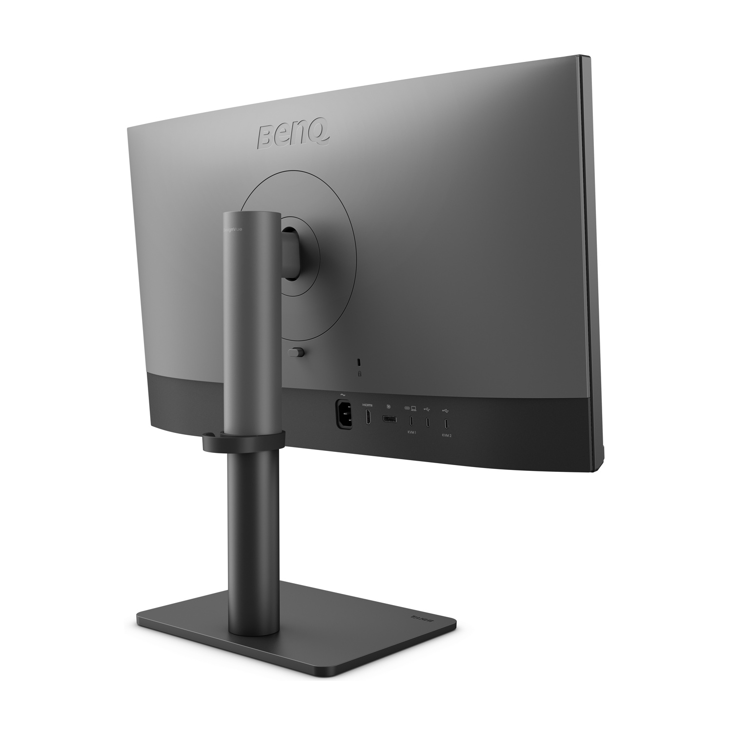 Vista posteriore di un monitor grigio con porte e un supporto robusto.