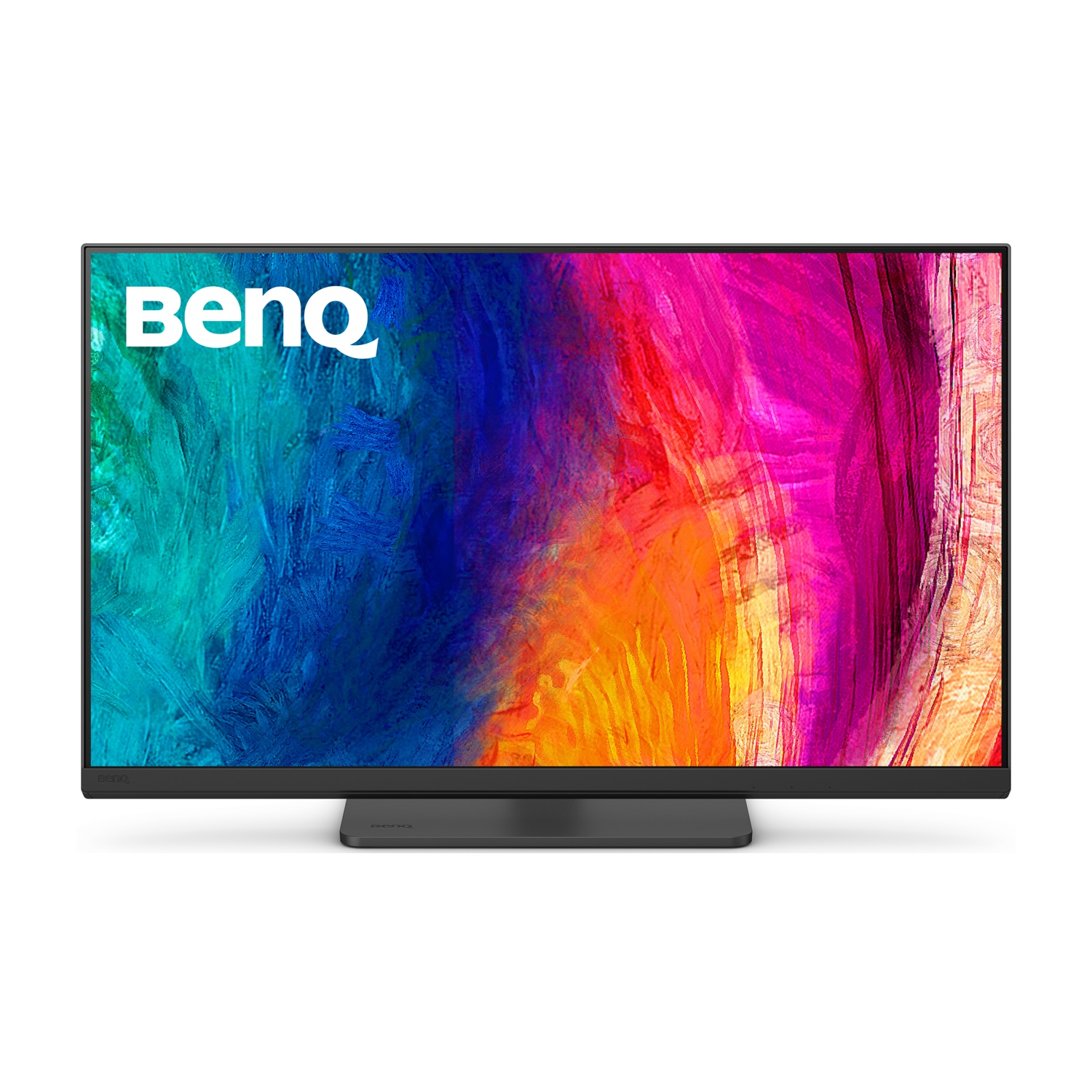 Un monitor BenQ nero con uno sfondo astratto e colorato.
