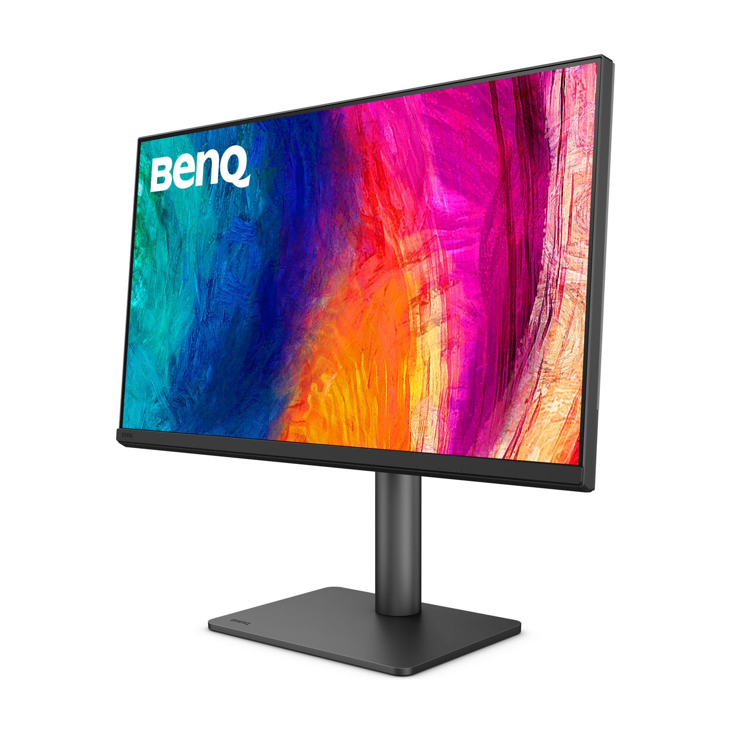 Un moderno monitor BenQ con un vibrante sfondo astratto su un elegante supporto.