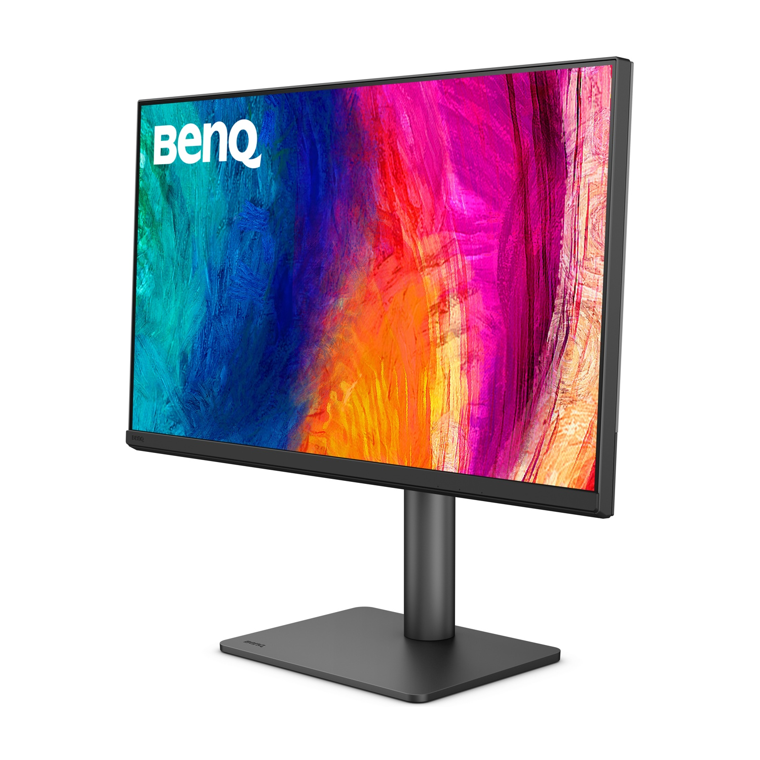 Un monitor BenQ mostra uno sfondo astratto e vibrante su un supporto scuro.