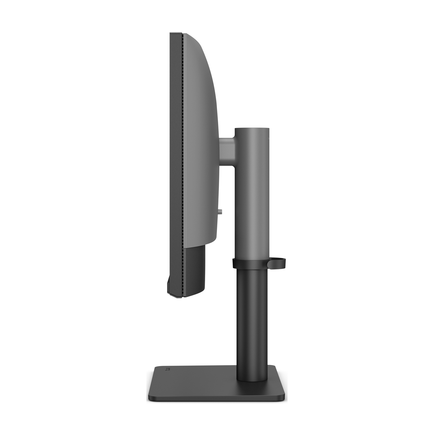Monitor grigio con supporto nero, visto di lato.