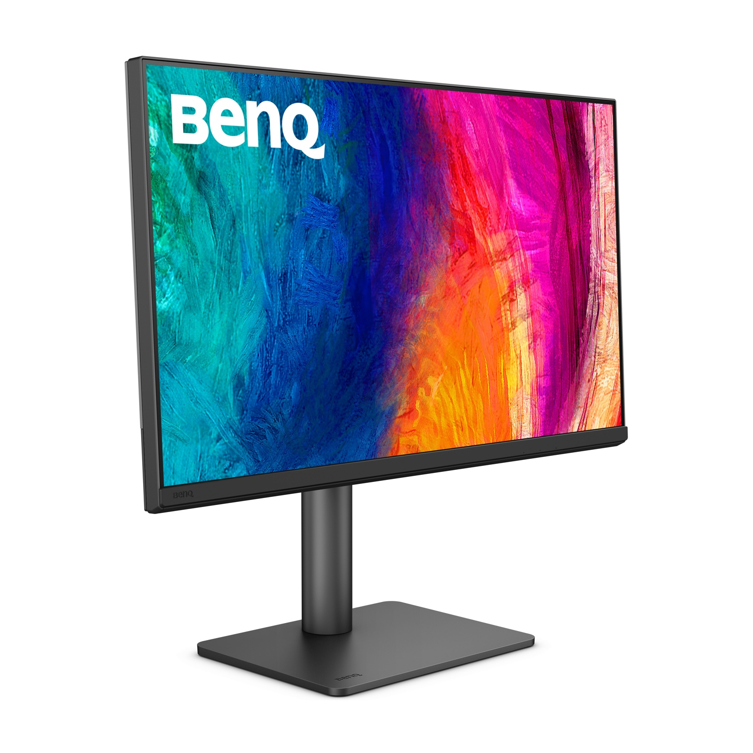 Un monitor BenQ con uno sfondo astratto colorato su un supporto grigio.