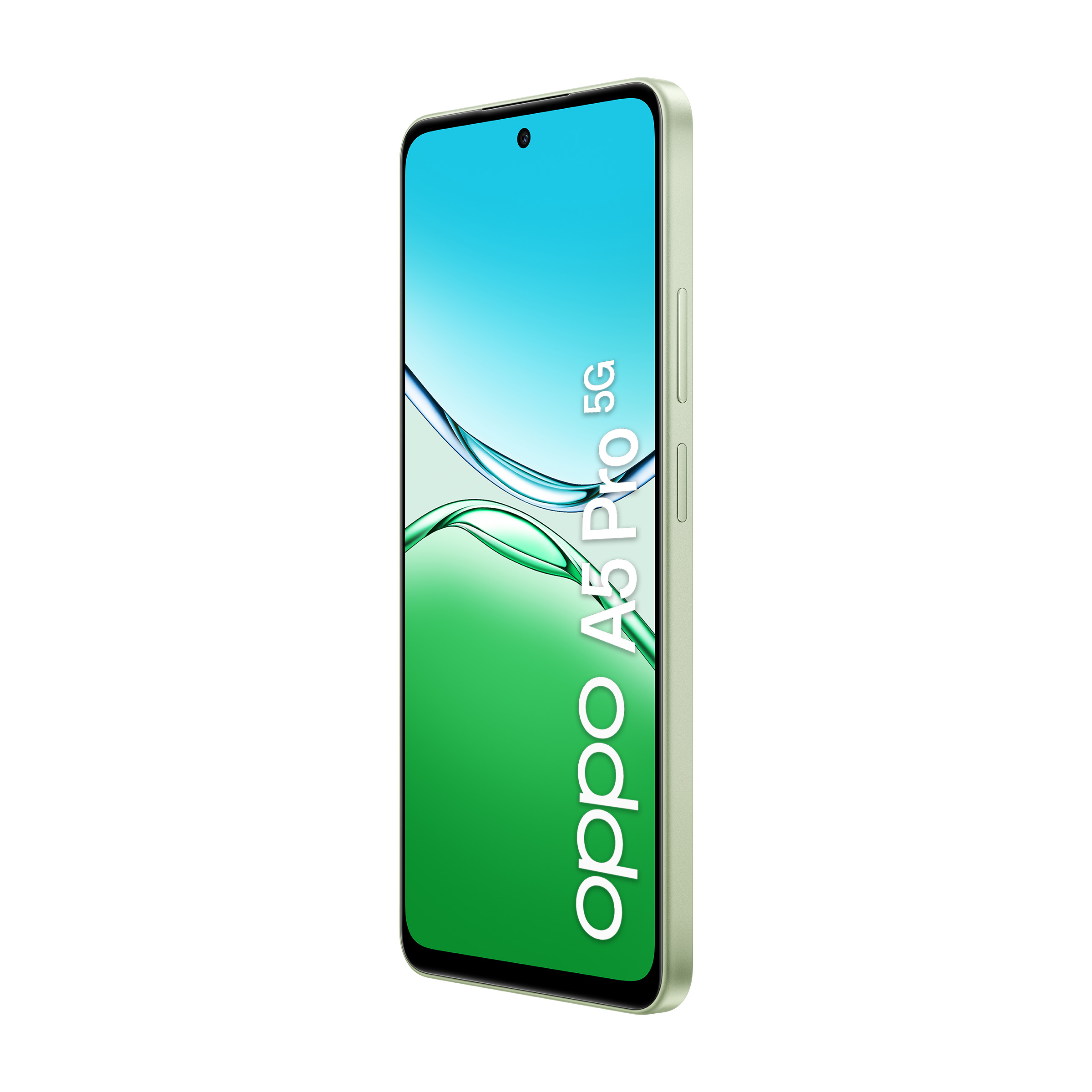 Jasnozielony smartfon z napisem 'oppo A5 Pro 5G' na ekranie.