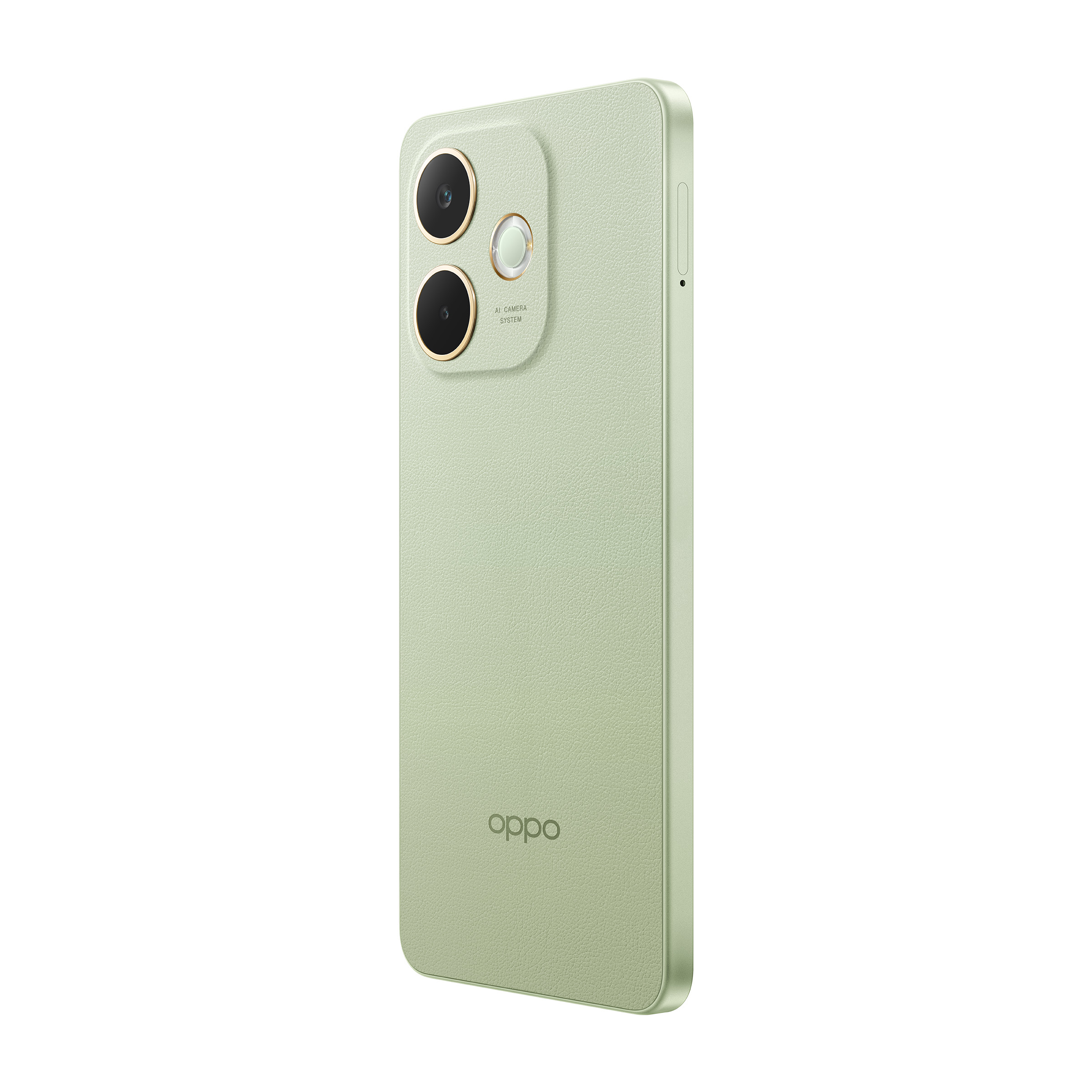 Jasnozielony smartfon z dwoma aparatami i logo OPPO.