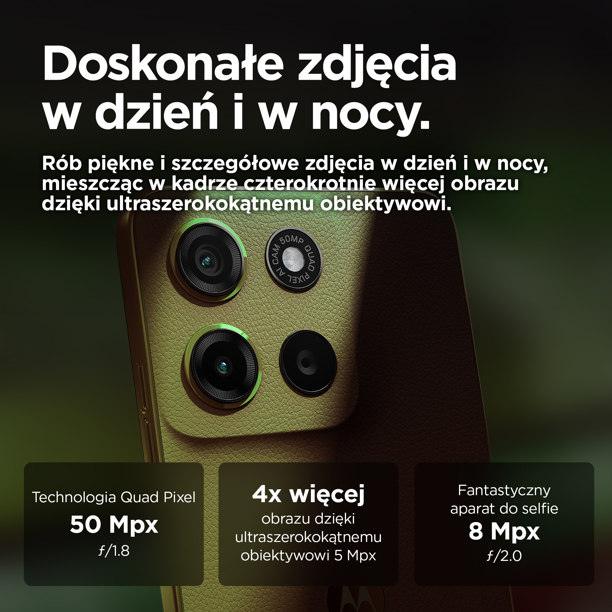 Zbliżenie na złotą tylną część telefonu z trzema aparatami i tekstem.