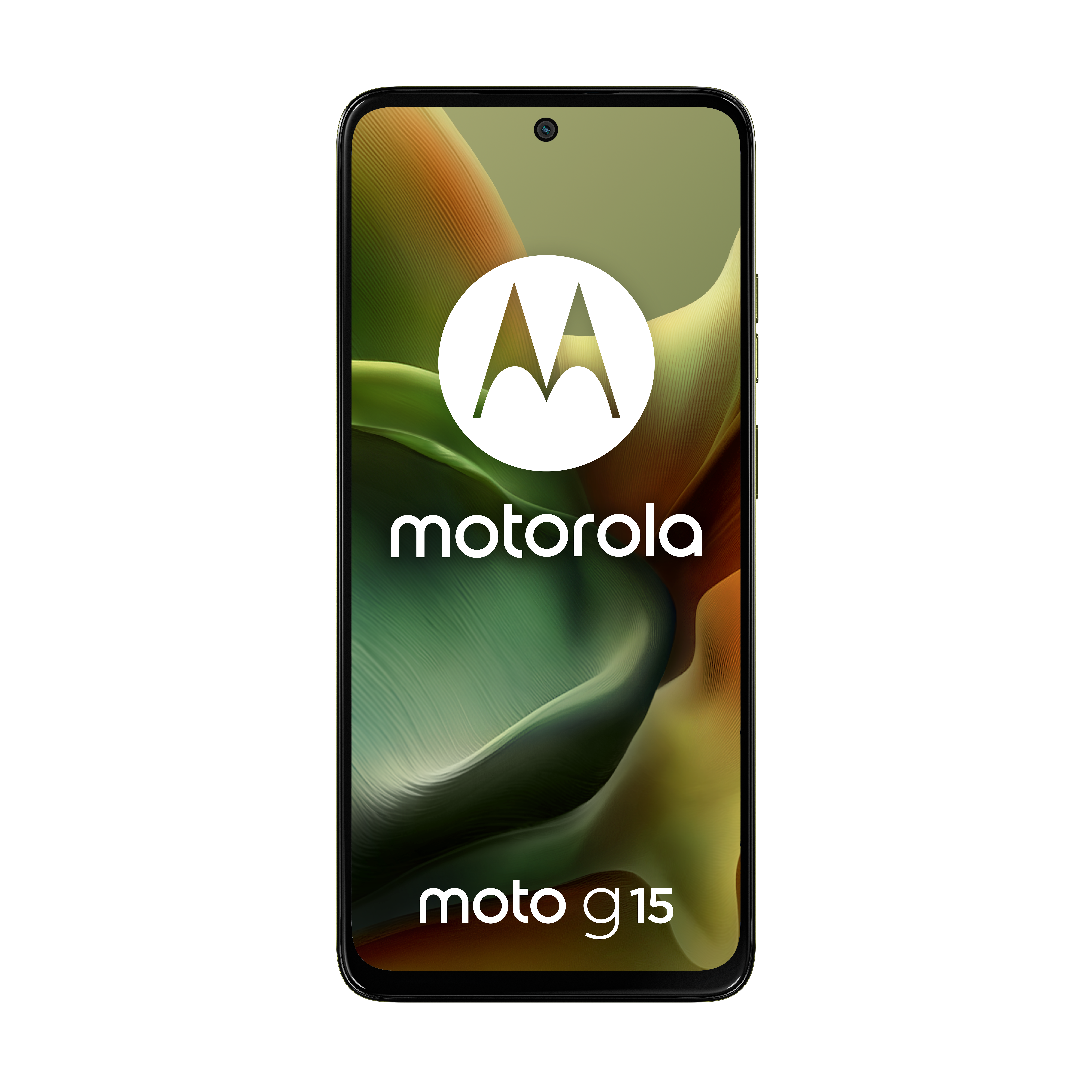 Smartfon Motorola Moto G15 z abstrakcyjnym zielono-pomarańczowym tłem.