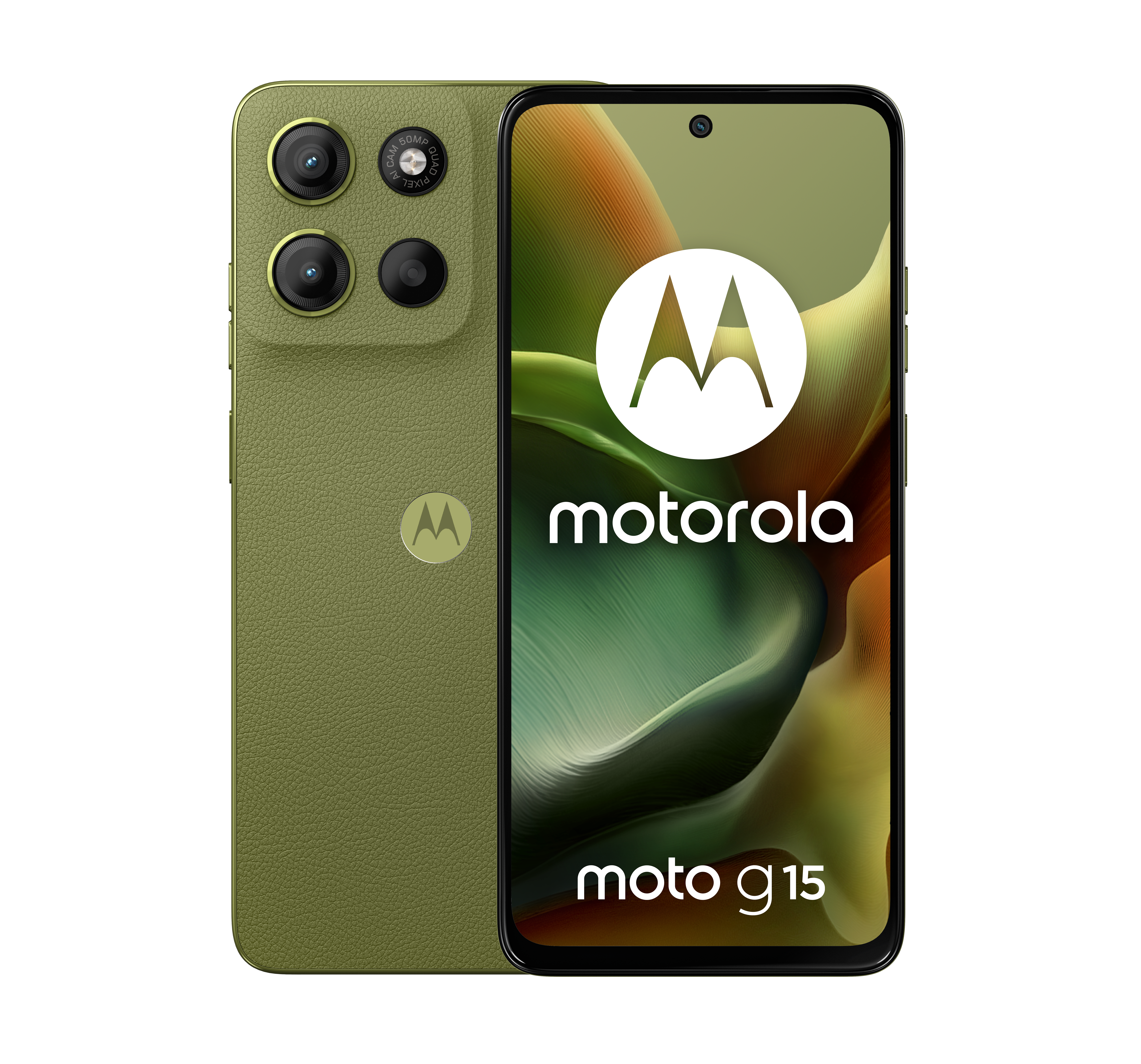 Zielony smartfon Motorola Moto G15 z trzema tylnymi aparatami.