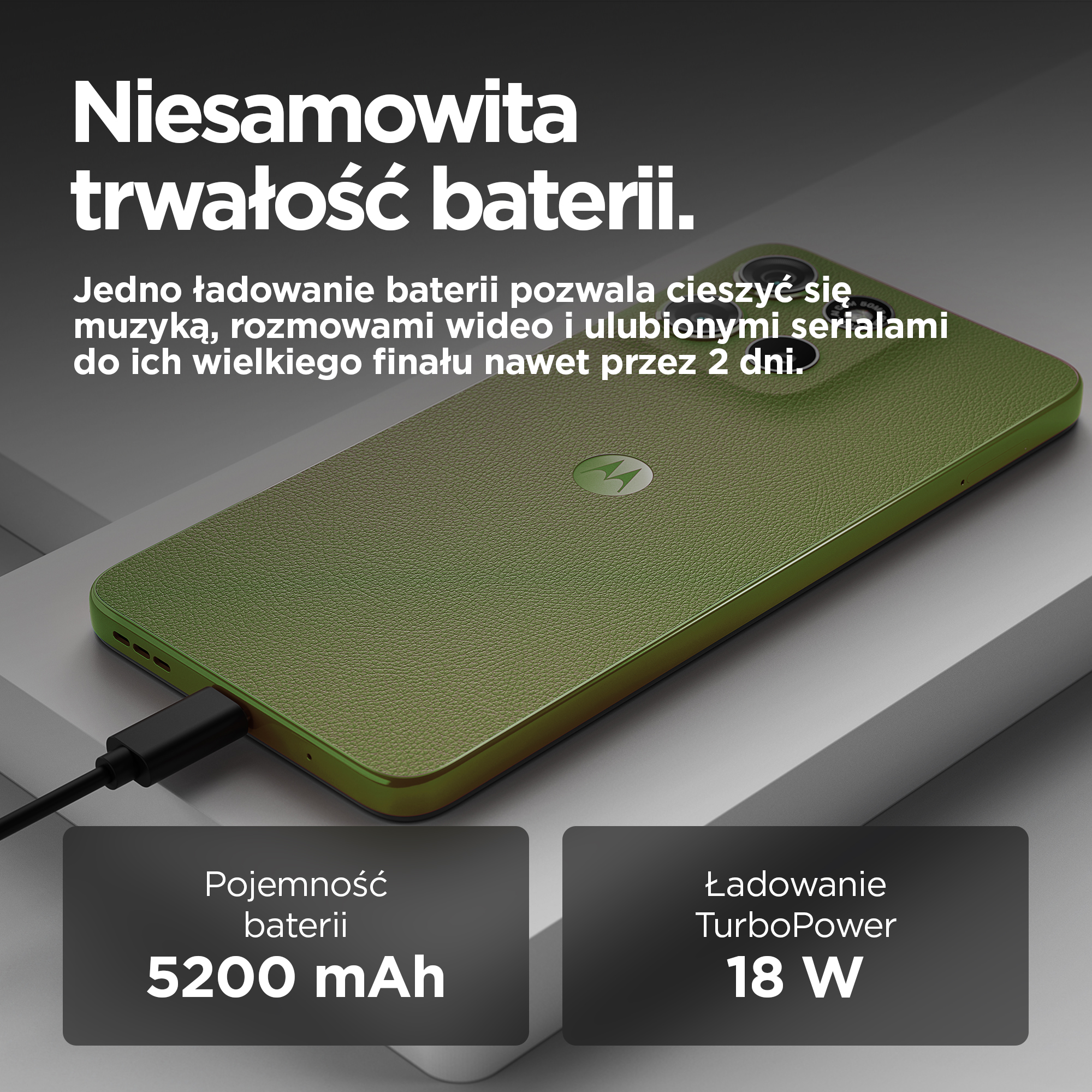Zielony smartfon z kablem USB-C, wyświetlający 5200 mAh i 18W TurboPower.