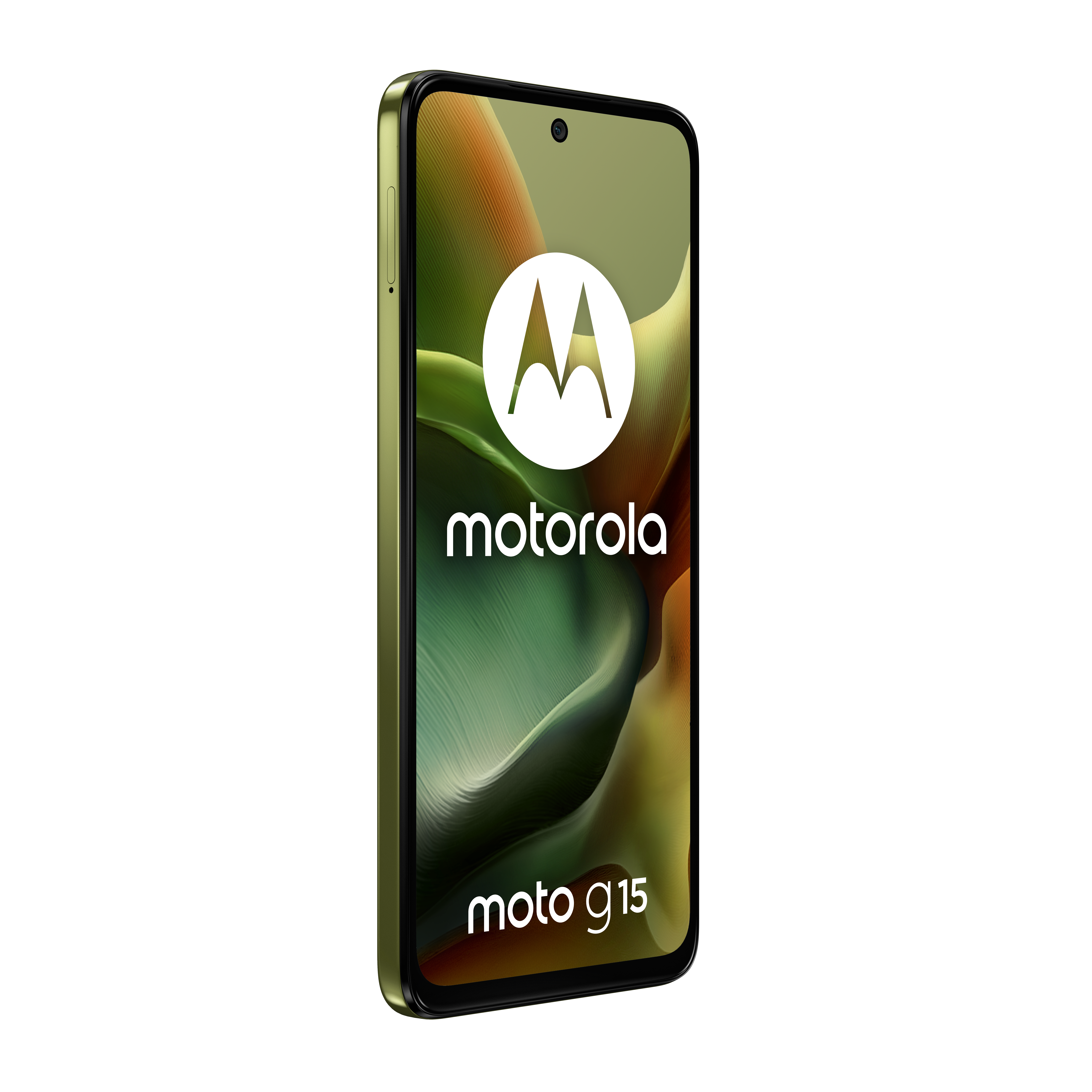 Złoto-zielony smartfon Motorola Moto G15 z logo na ekranie.