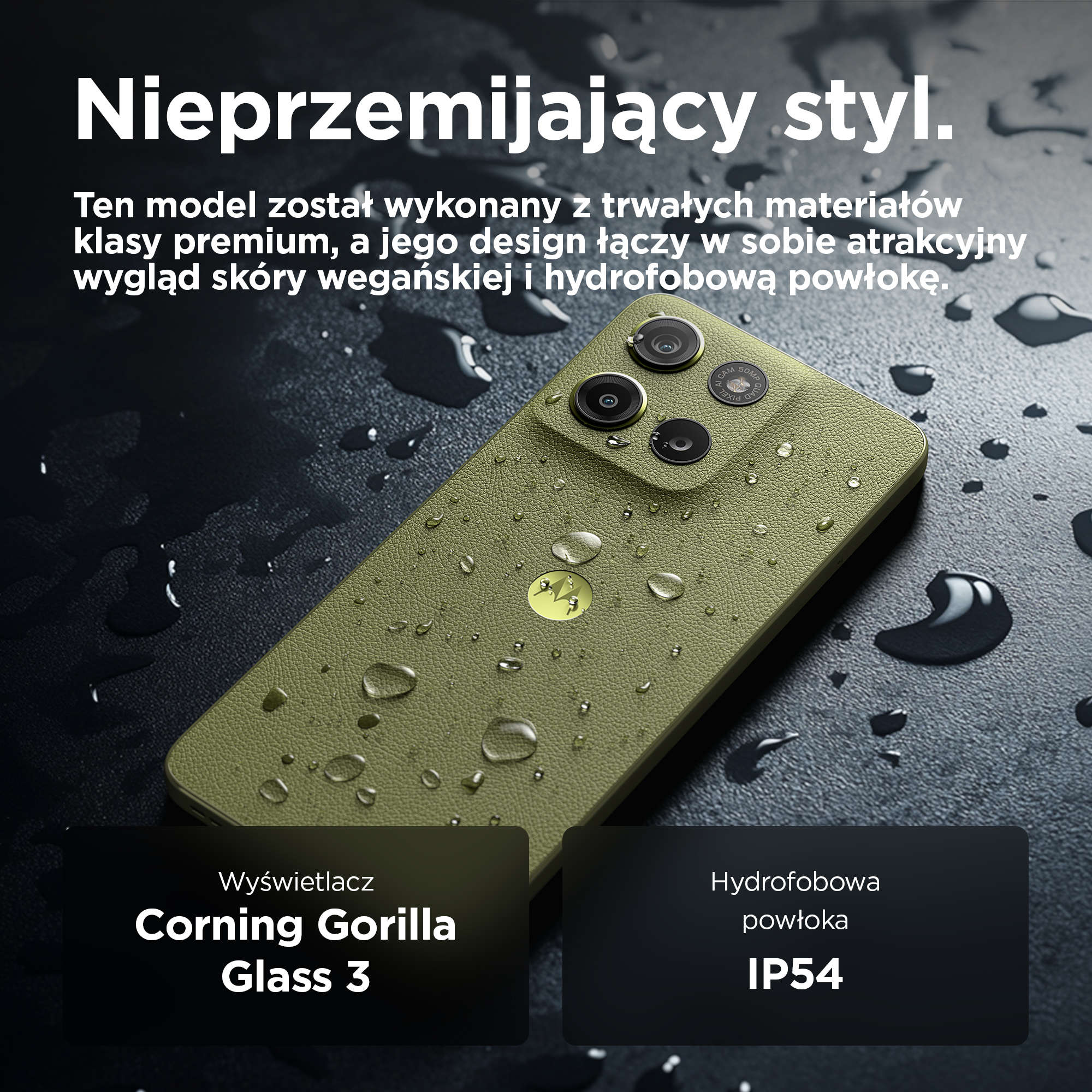 Zielony telefon z kroplami wody, Gorilla Glass 3 i IP54.