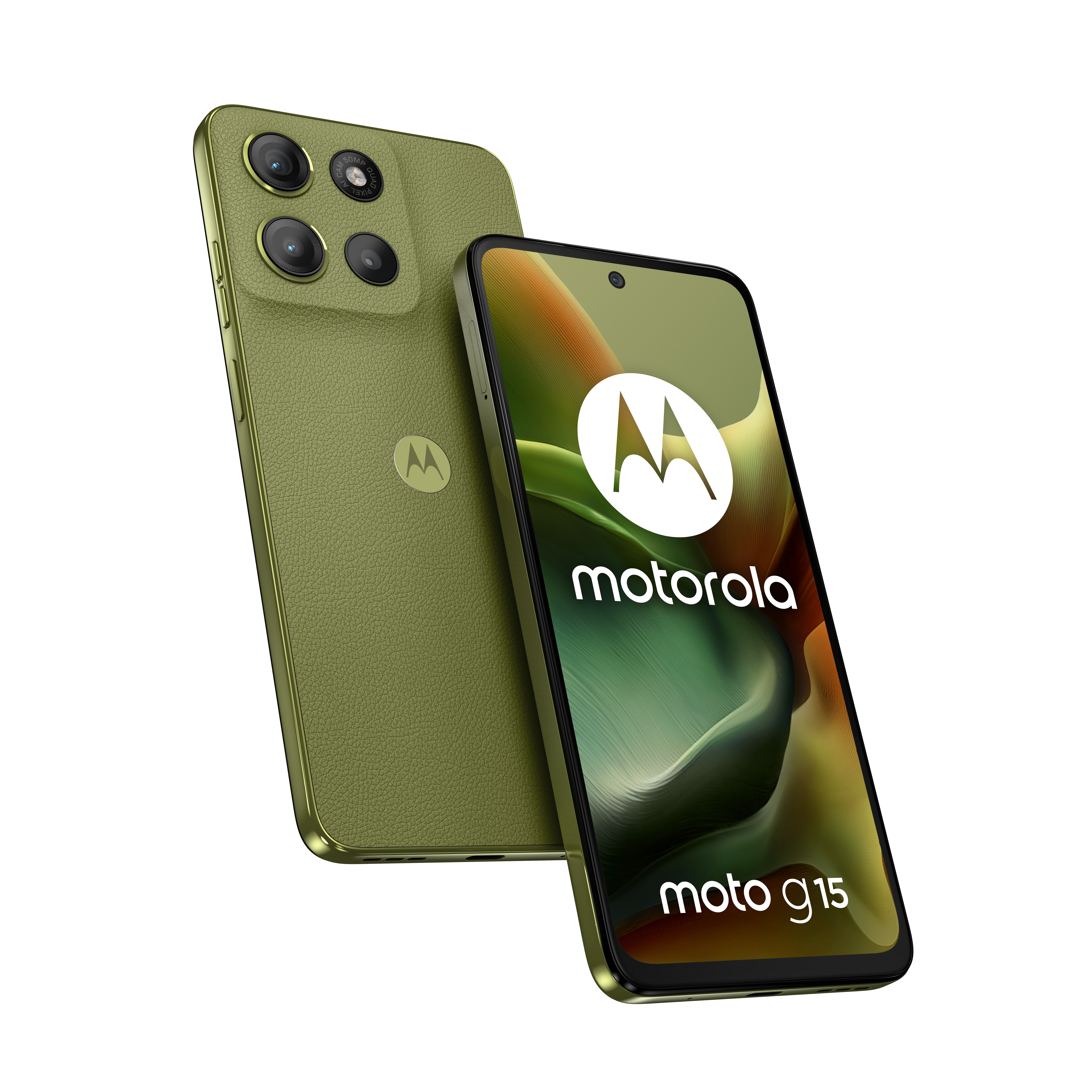 Dwa zielone telefony Motorola Moto G15, jeden pokazuje cztery aparaty, drugi logo.
