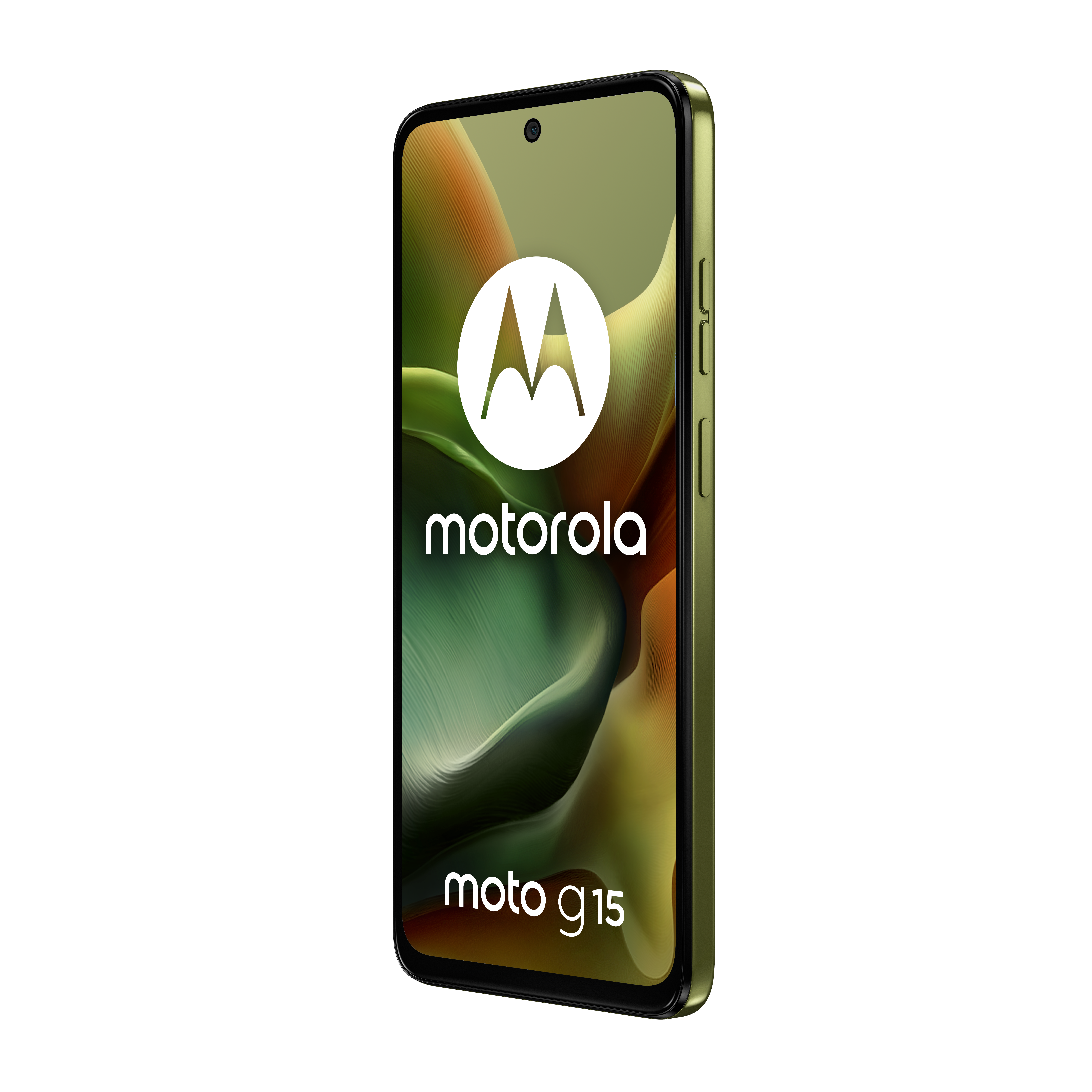 Zielony smartfon Motorola Moto G15 z abstrakcyjnym tłem.