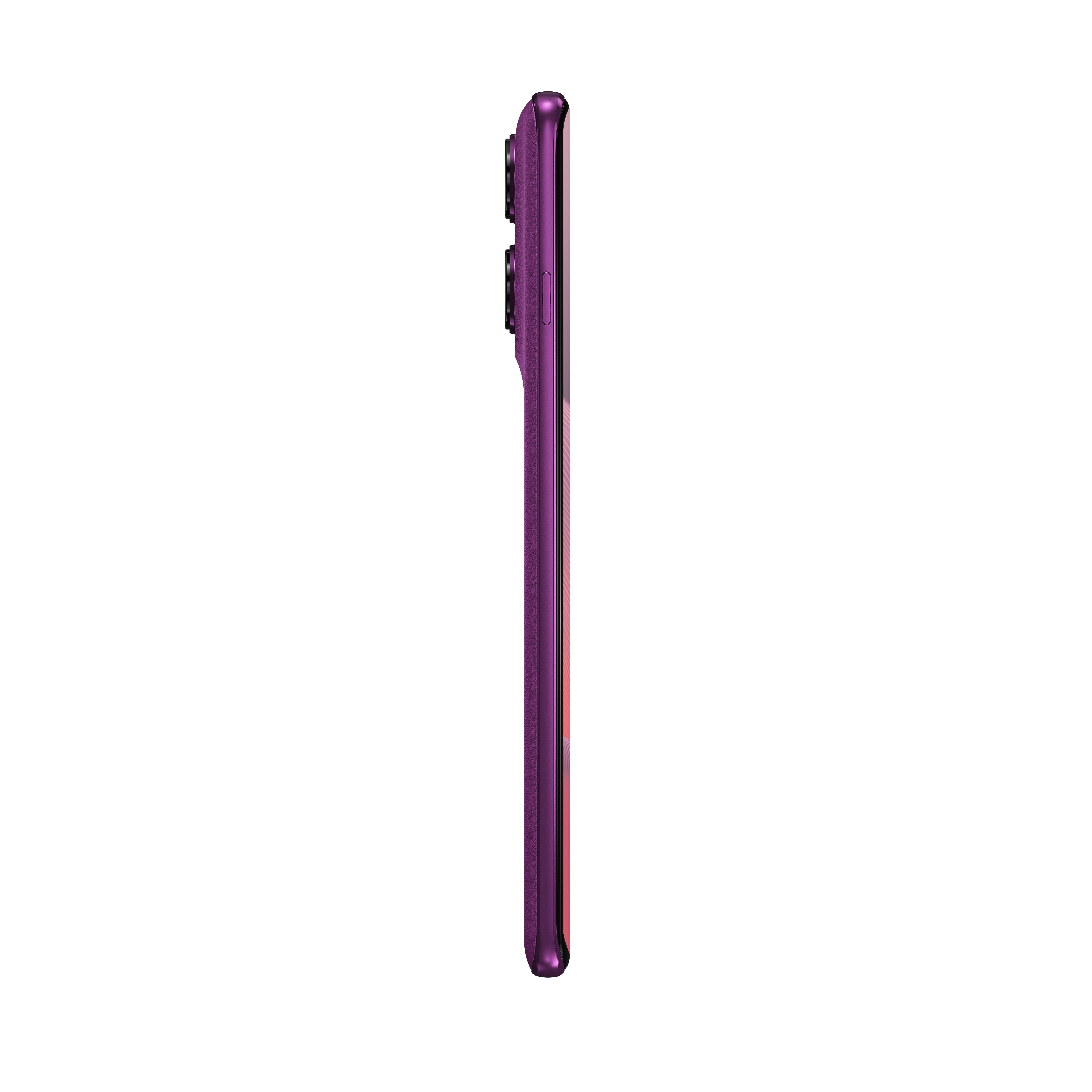 Fioletowy smartfon widziany z boku na czarnym tle.